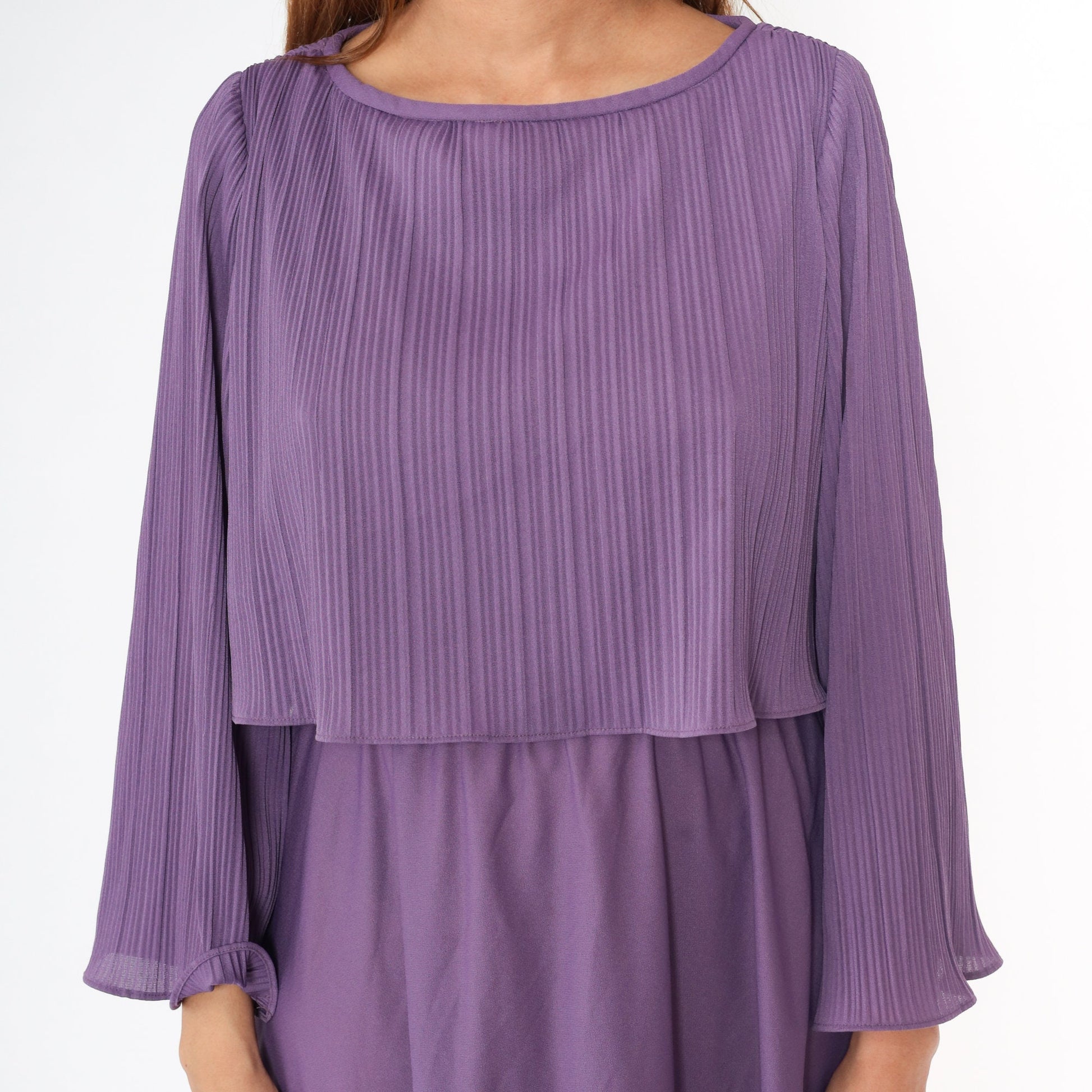70s Purple Midi Dress Knife Pleated High Waist Bell Sleeve Small Medium