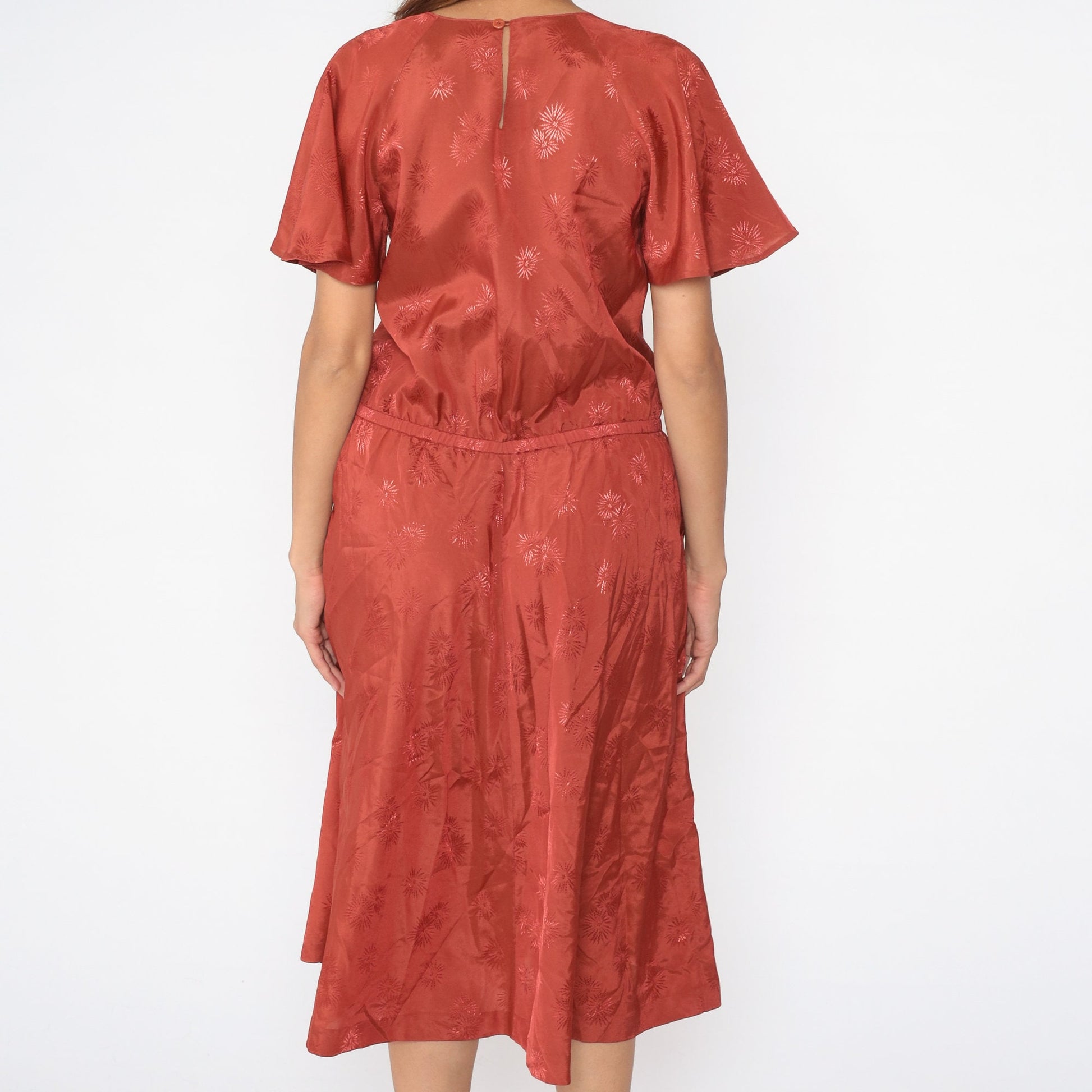 70s Rust Floral Embroidered Midi Dress Elastic Waist Raglan Medium