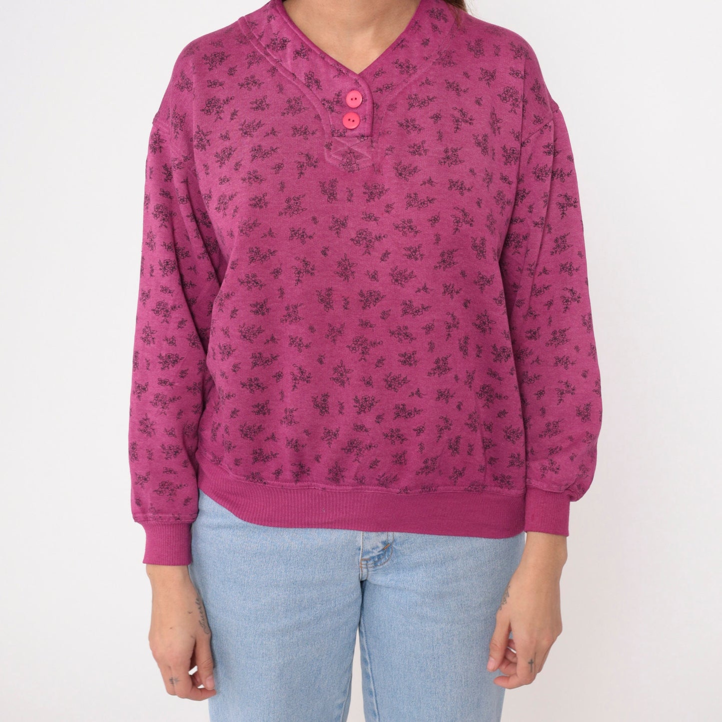 90s Magenta Floral Henley Sweatshirt Button-Up V-Neck Small S