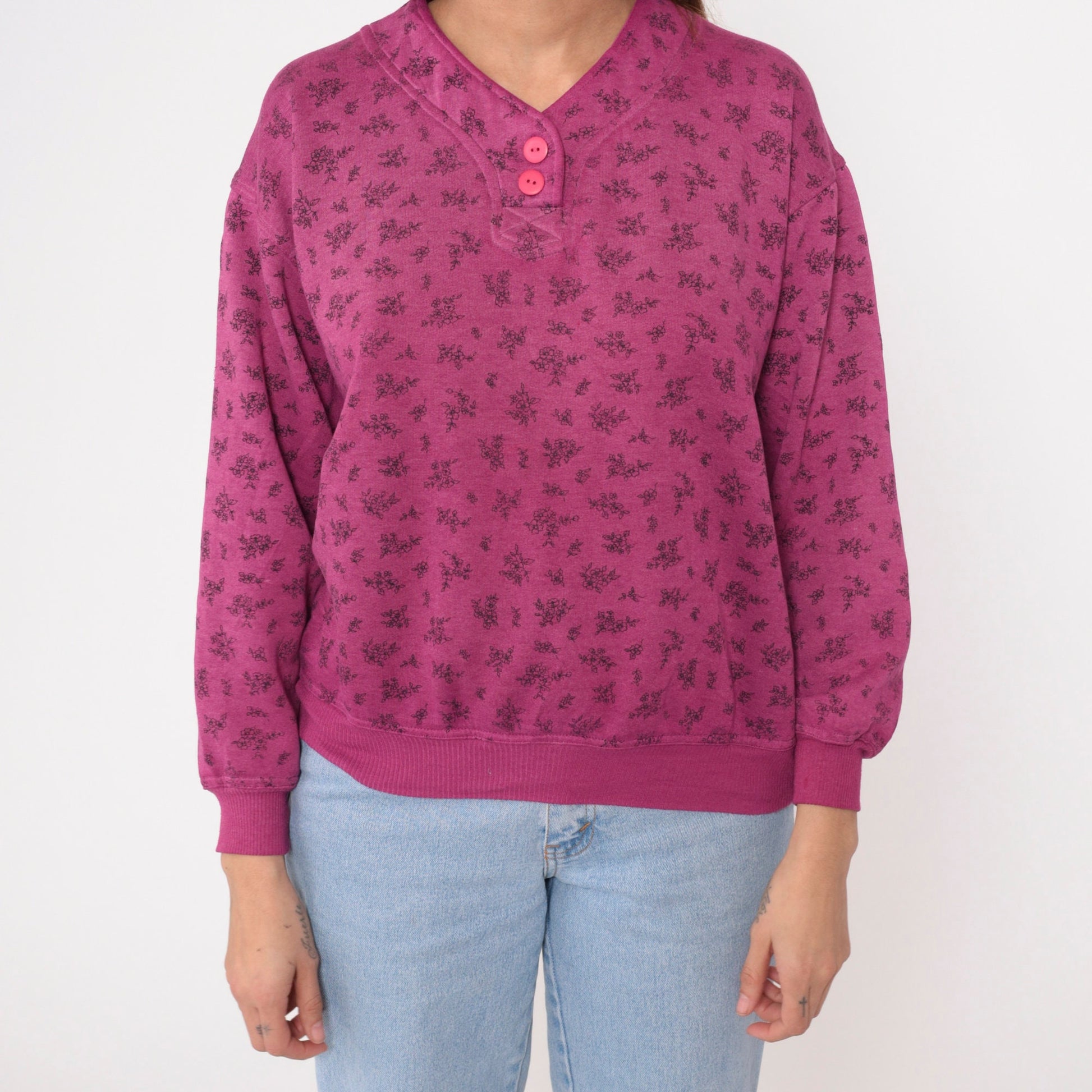 90s Magenta Floral Henley Sweatshirt Button-Up V-Neck Small S
