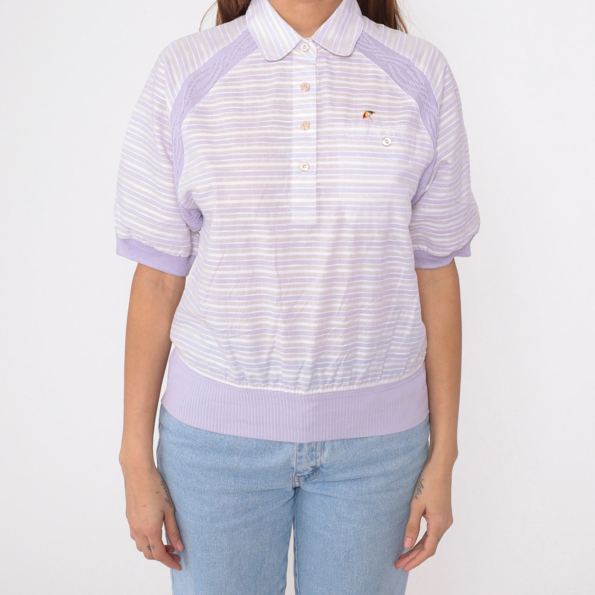 80s Arnold Palmer Striped Polo Shirt Lavender White Collar Short Sleeve Small