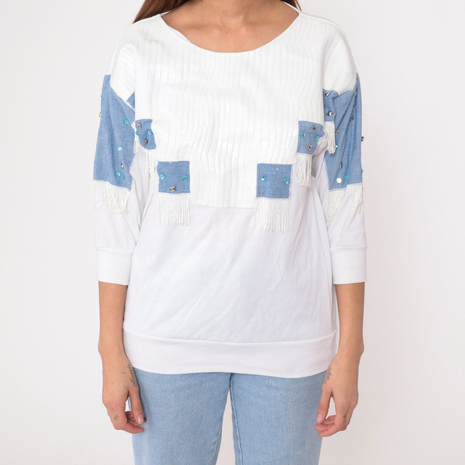90s Southwestern Studded Beaded White T-Shirt Vinyl Snakeskin 3/4 Sleeve Medium