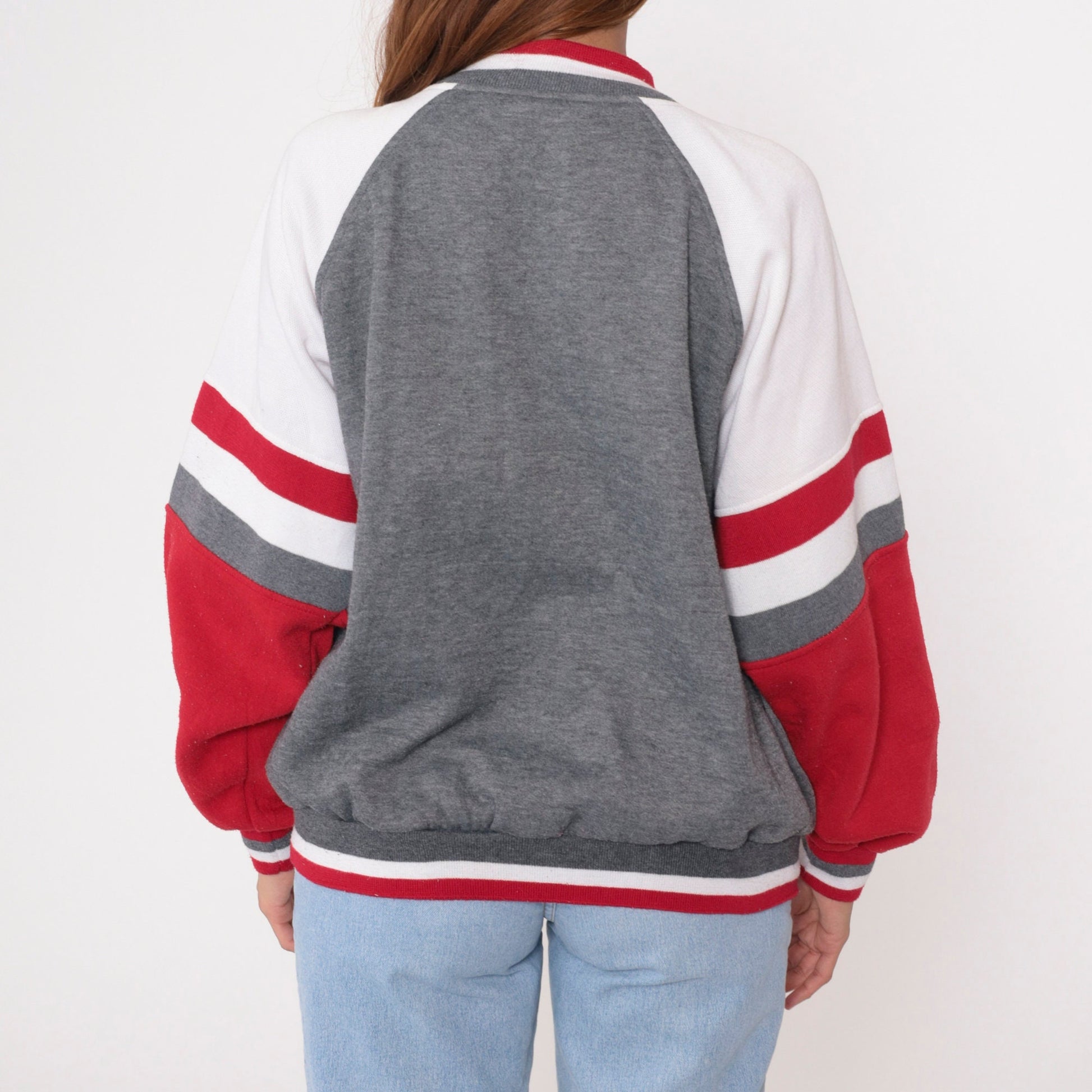 90s Pierre Cardin Zip-Up Sweatshirt Heather Grey Red White Stripe Large L