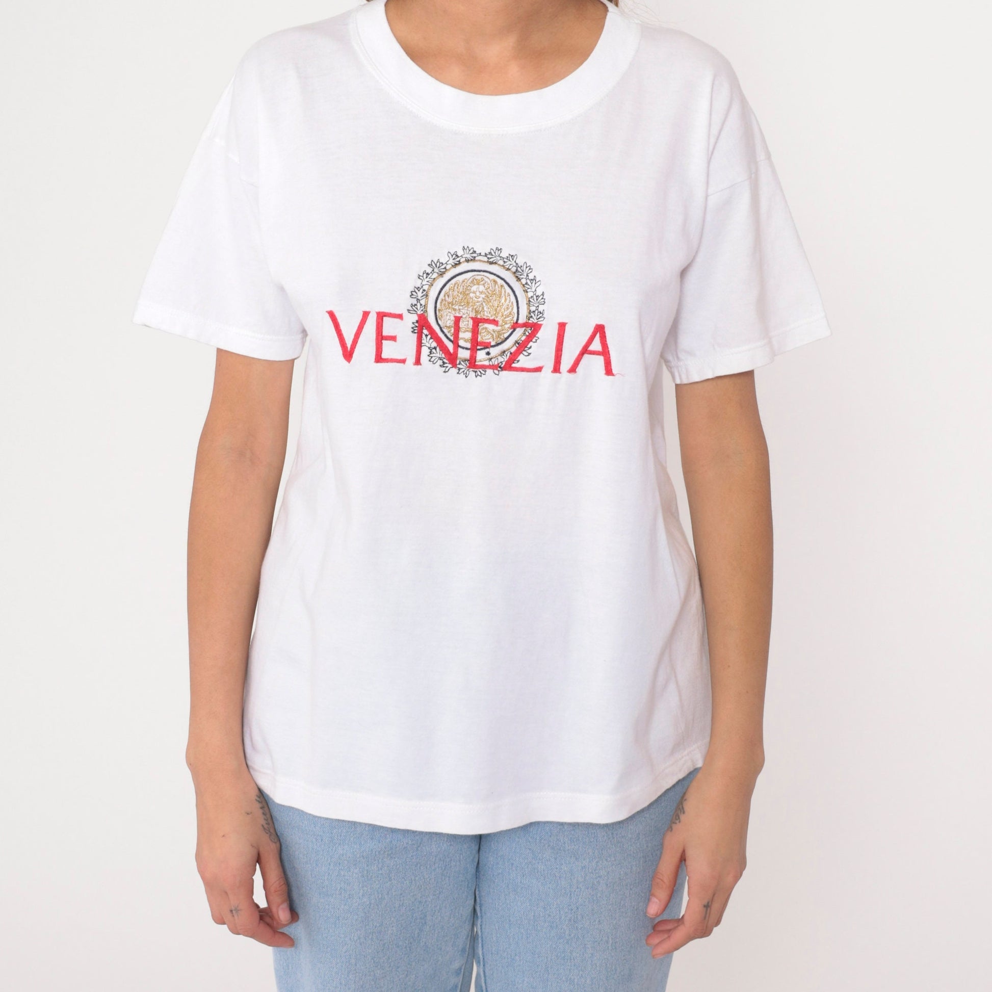 90s Venezia Venice Italy T Shirt Gold Lion Crest Embroidered White Small
