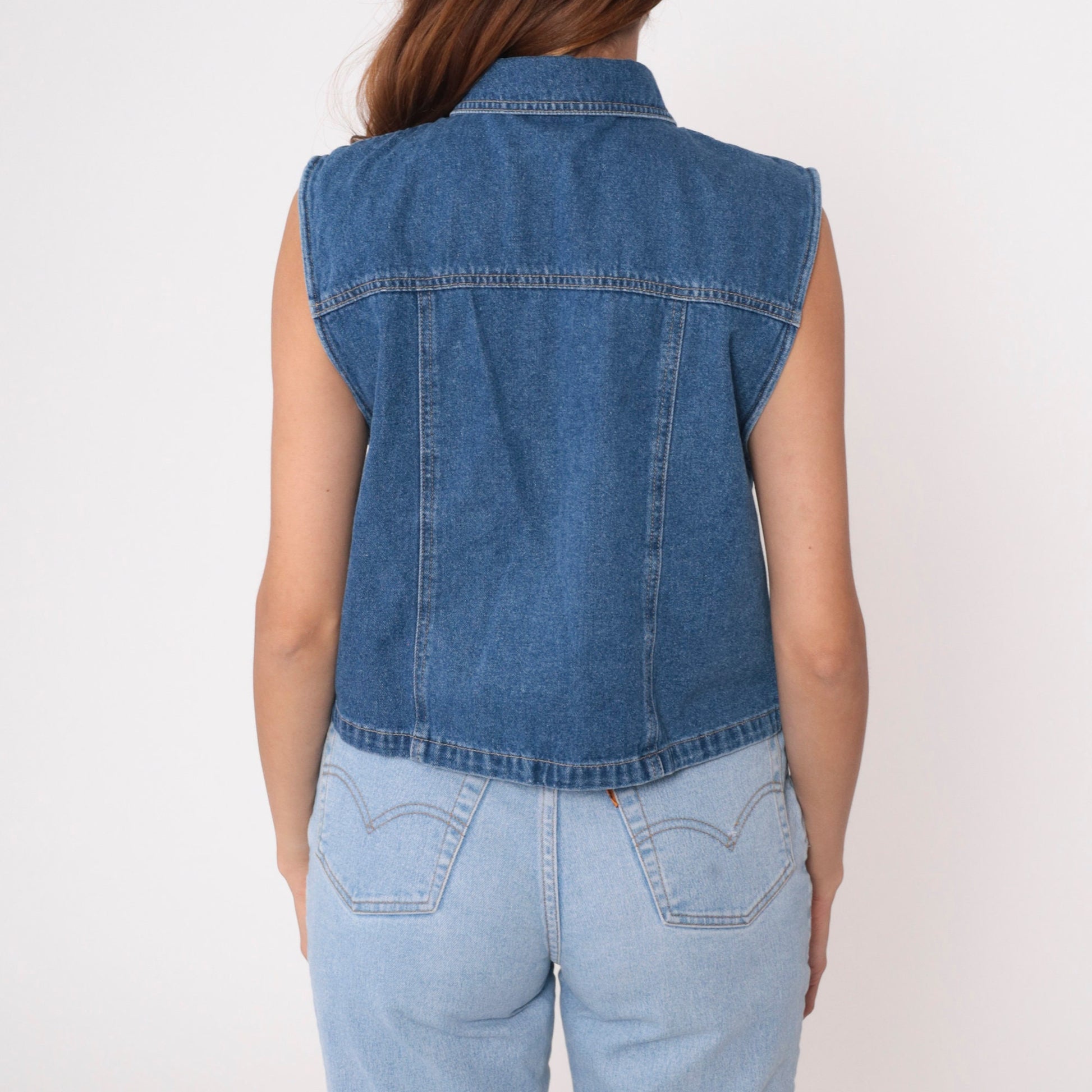 90s Blue Denim Sleeveless Button-Up Shirt Collared Tank Medium