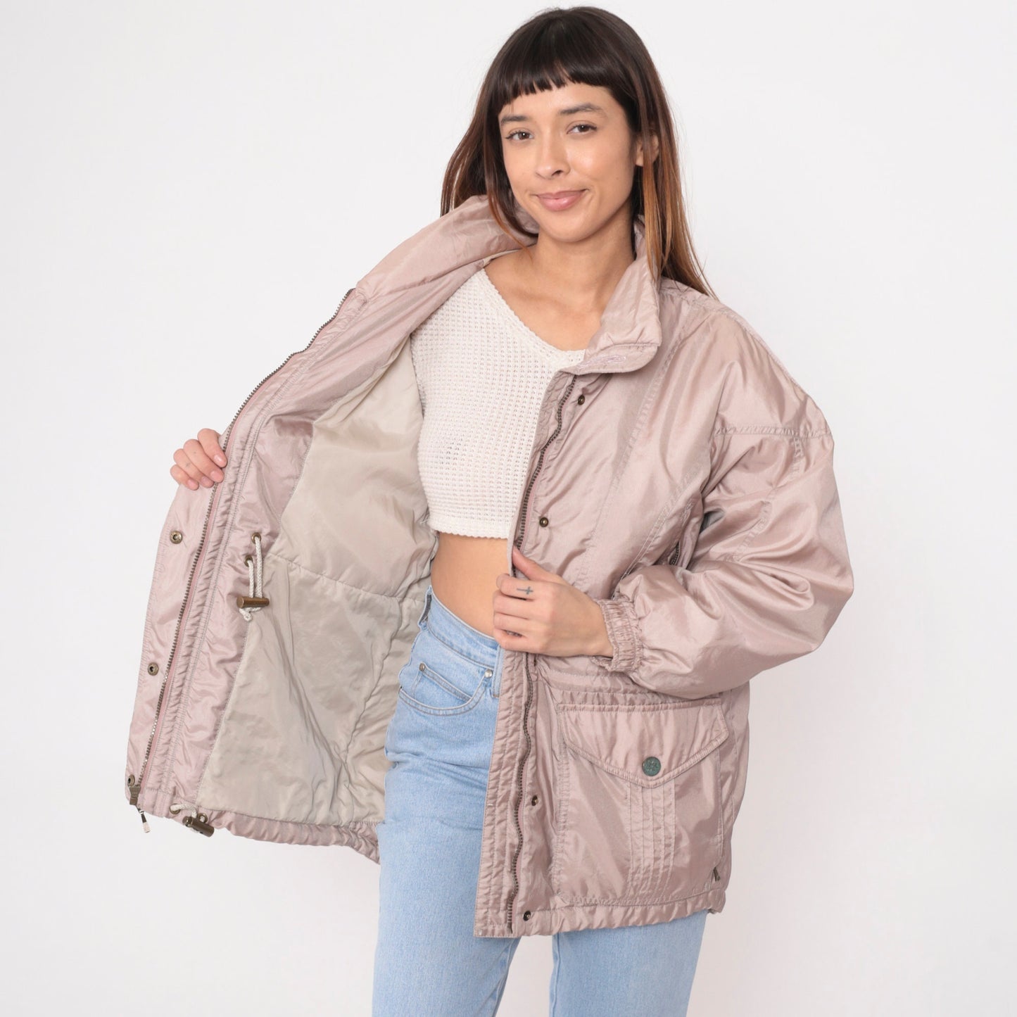 90s Mauve Puffer Ski Jacket Nylon Embroidered Drawstring Waist Large L
