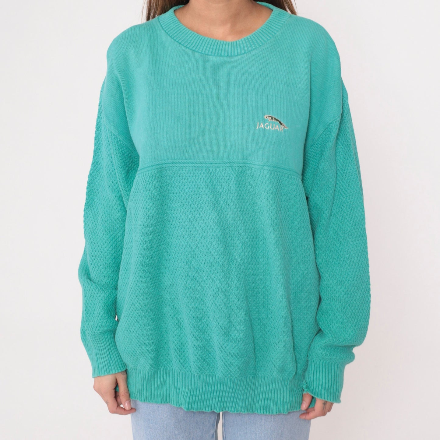 90s Andrew Rohan Jaguar Cotton Knit Sweater Aqua Green Extra Large XL