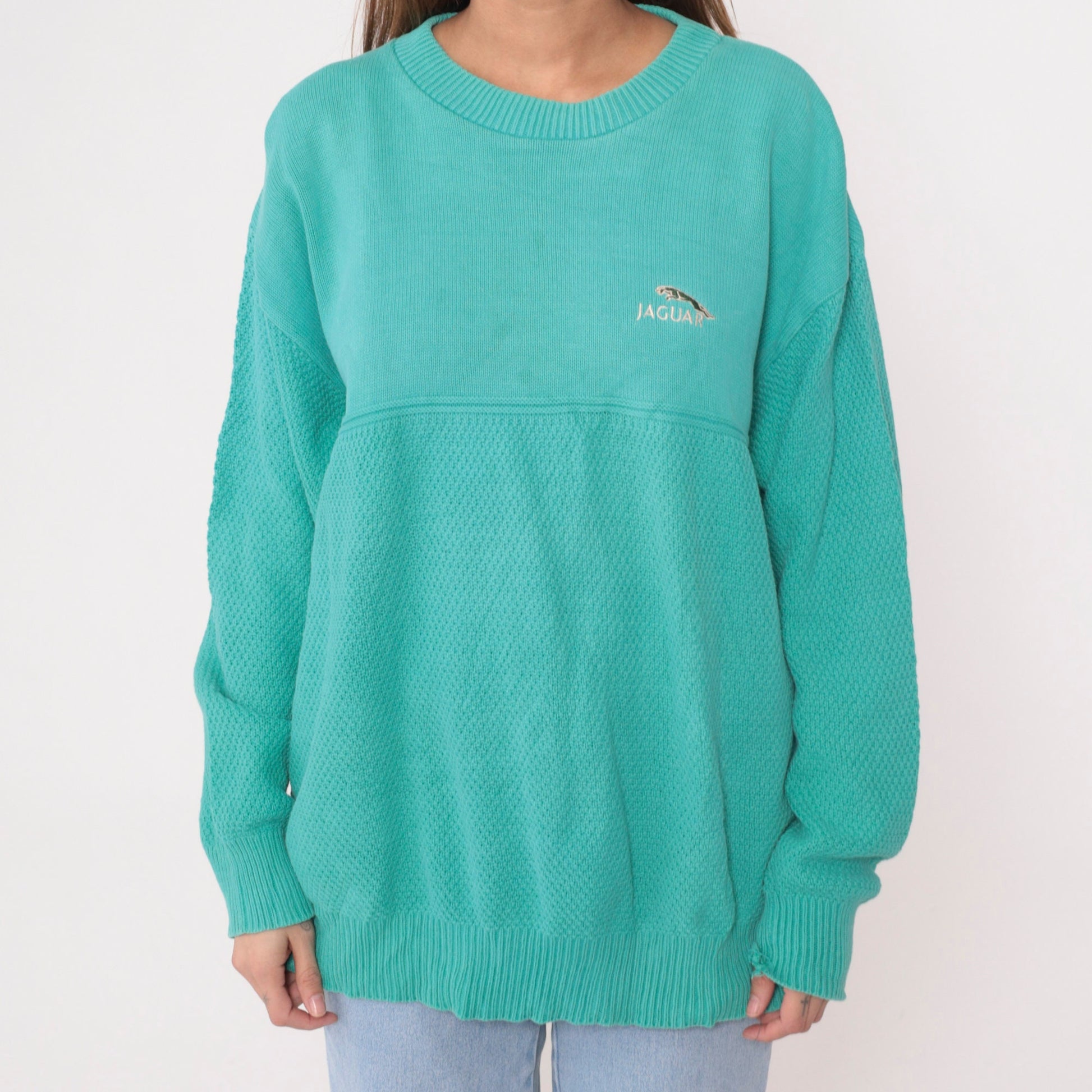 90s Andrew Rohan Jaguar Cotton Knit Sweater Aqua Green Extra Large XL