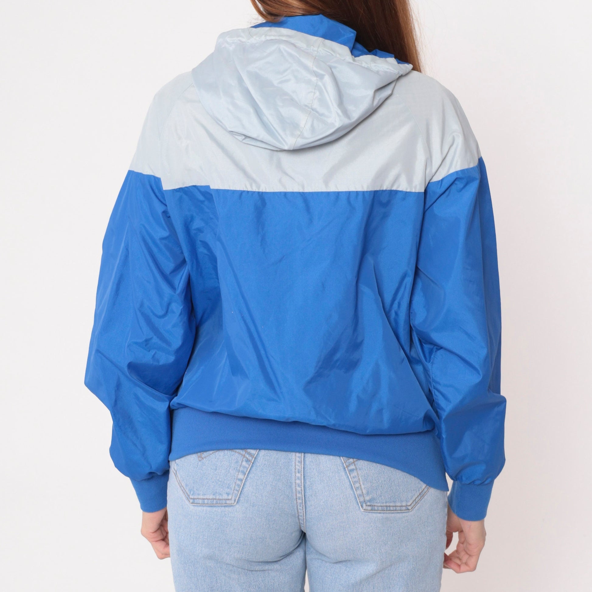 80s Nike Colour Block Hooded Windbreaker Grey Blue Raglan Medium Large