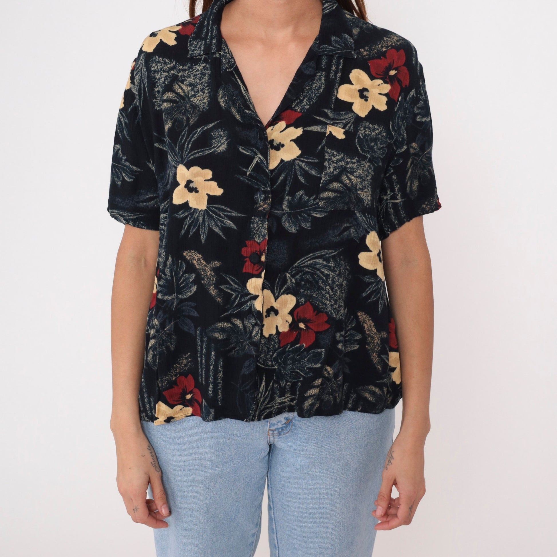 90s Sag Harbor Floral Blouse Black Rayon Button Up Short Sleeve Medium