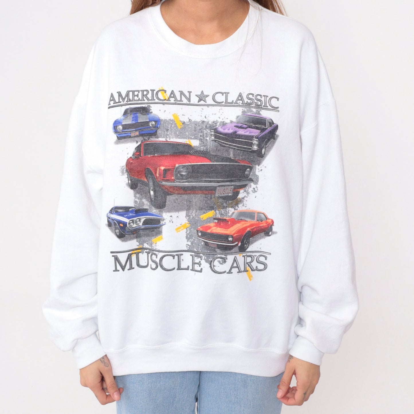90s Muscle Car Sweatshirt American Classic Cars Graphic Crewneck White Large