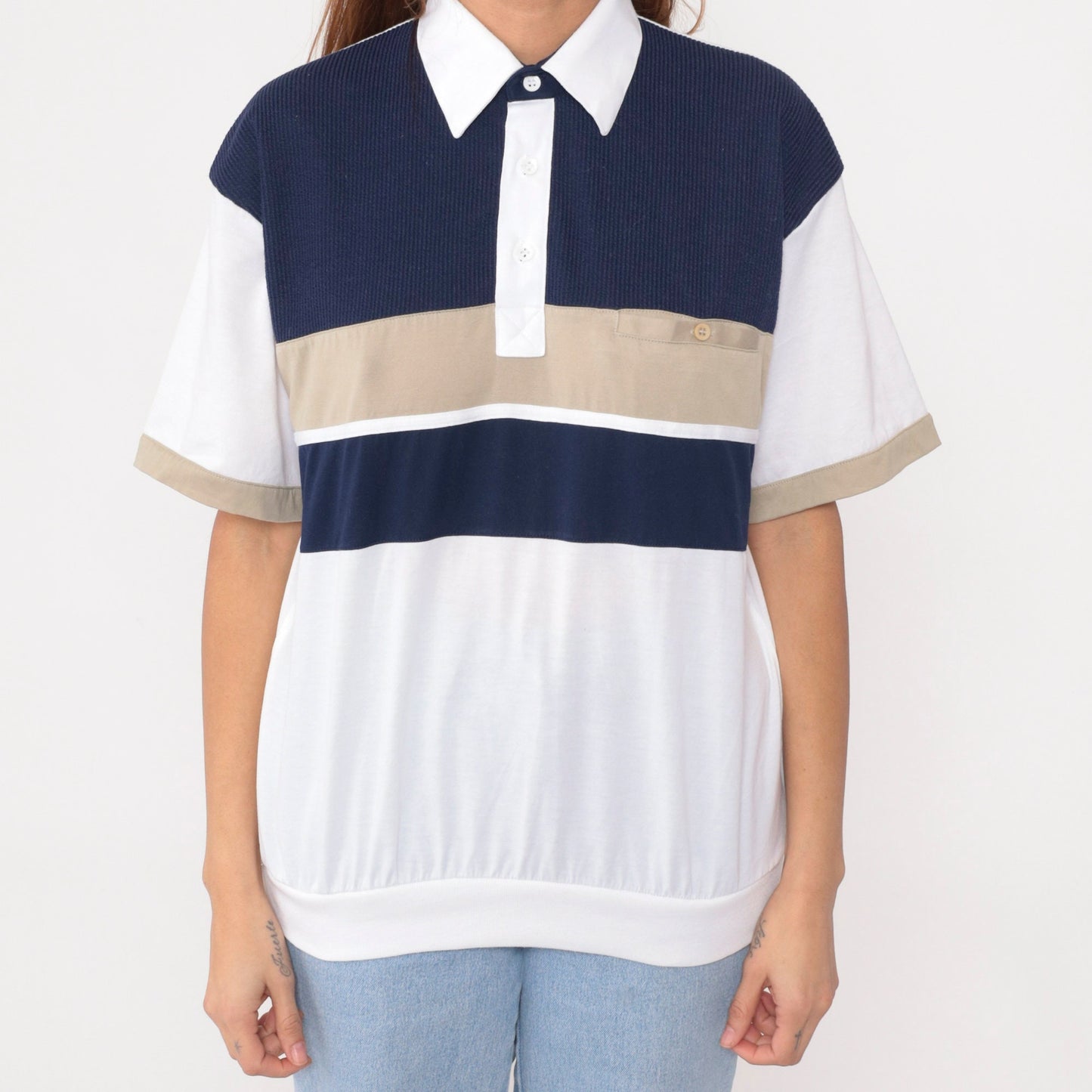 90s Striped Polo Shirt White Navy Blue Tan Collared Short Sleeve Medium