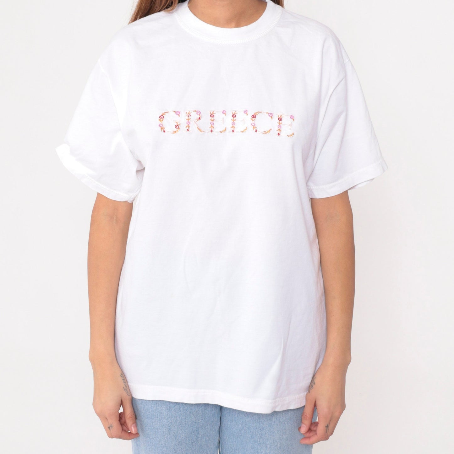 90s Greece Floral Embroidered White Cotton T-Shirt Graphic Tee Large L