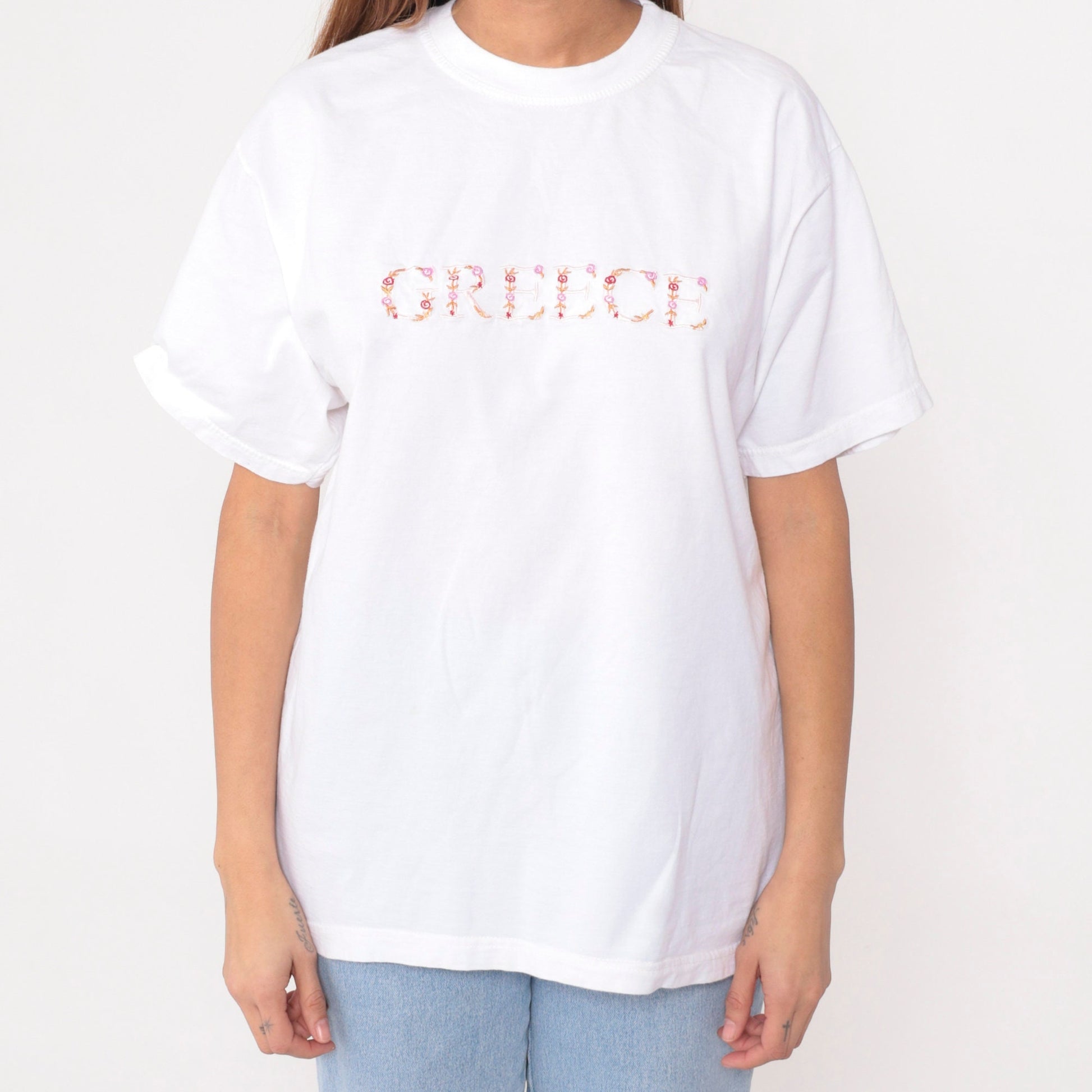 90s Greece Floral Embroidered White Cotton T-Shirt Graphic Tee Large L