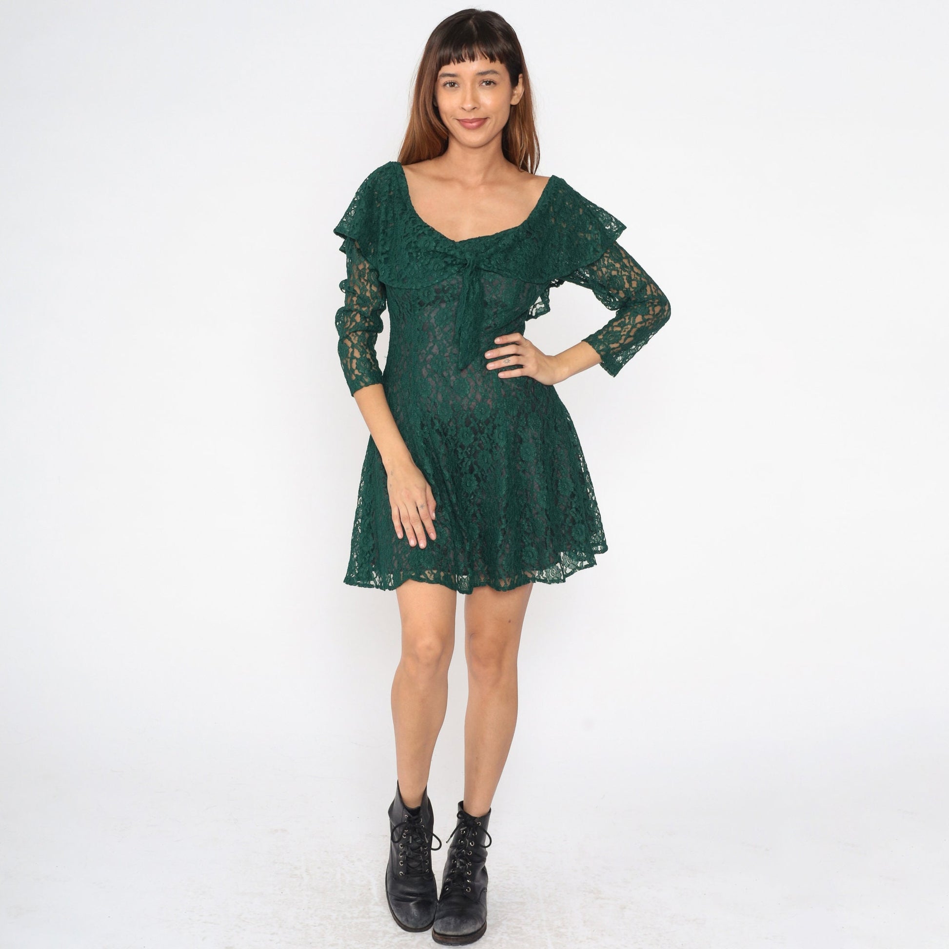90s Green Lace Mini Dress Flounce Tie Neckline Long Sheer Sleeves Small