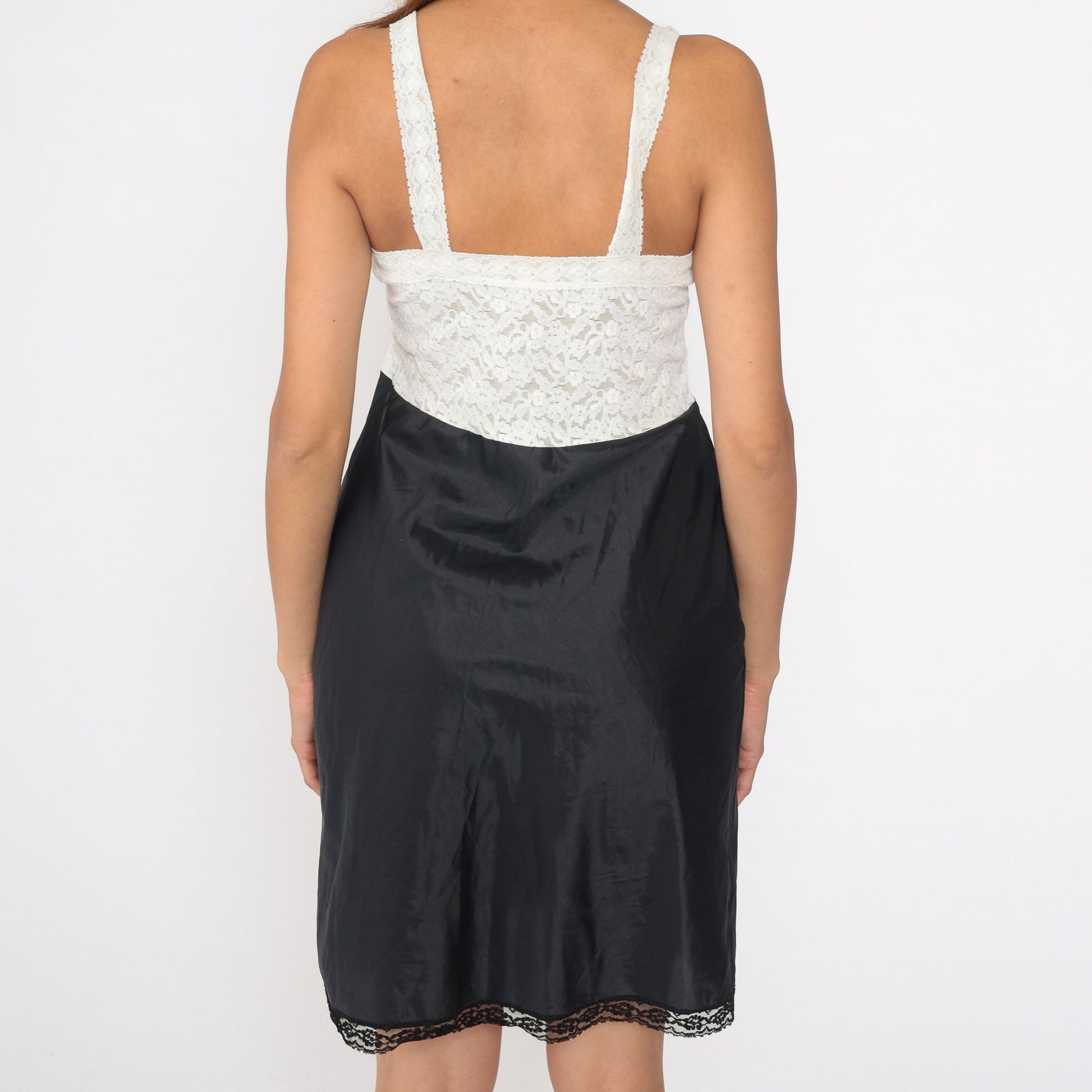 80s Black White Lace Slip Dress Sweetheart Neckline Mini Lingerie Medium