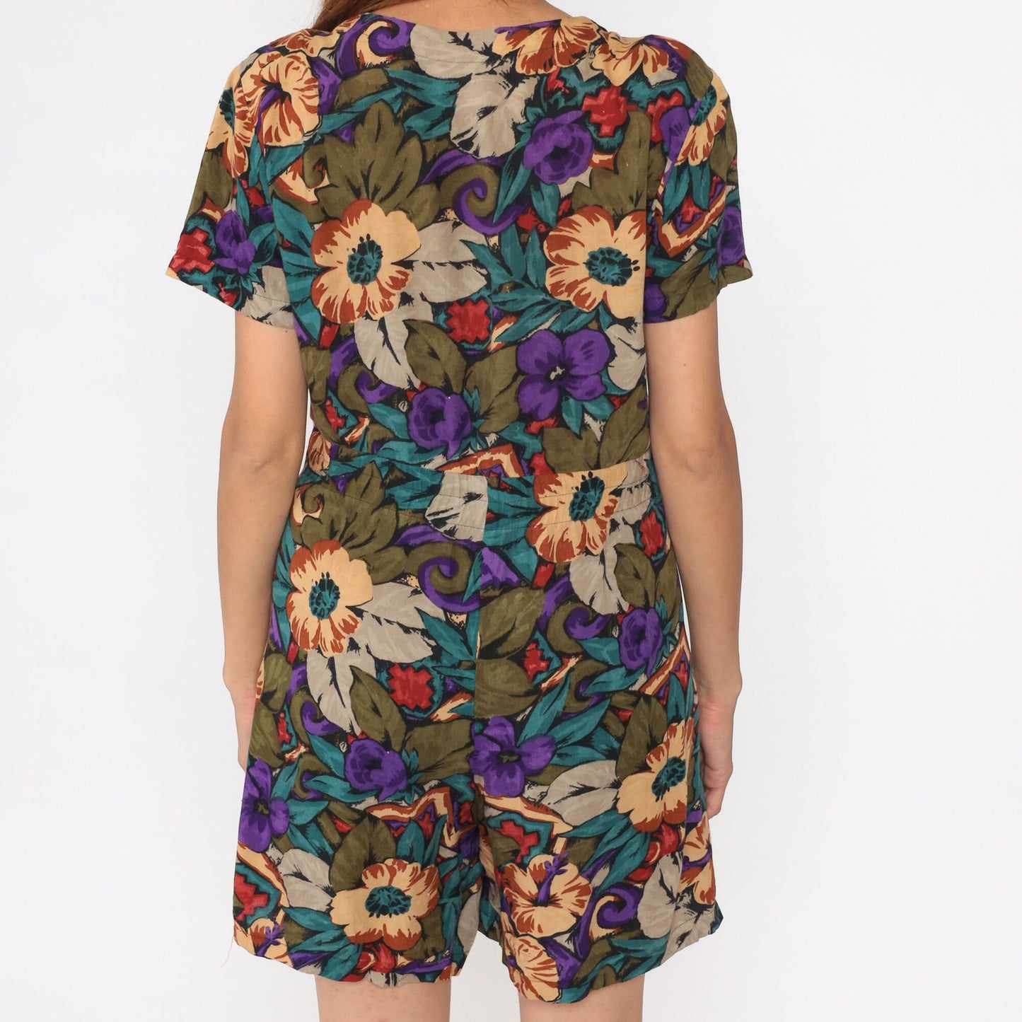 90s Tropical Floral Rayon Romper Wide Leg Shorts Button Up Medium