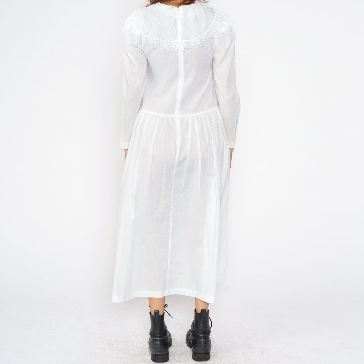 80s White Polka Dot Midi Dress Puff Sleeve Lace Bib Low Waist Small