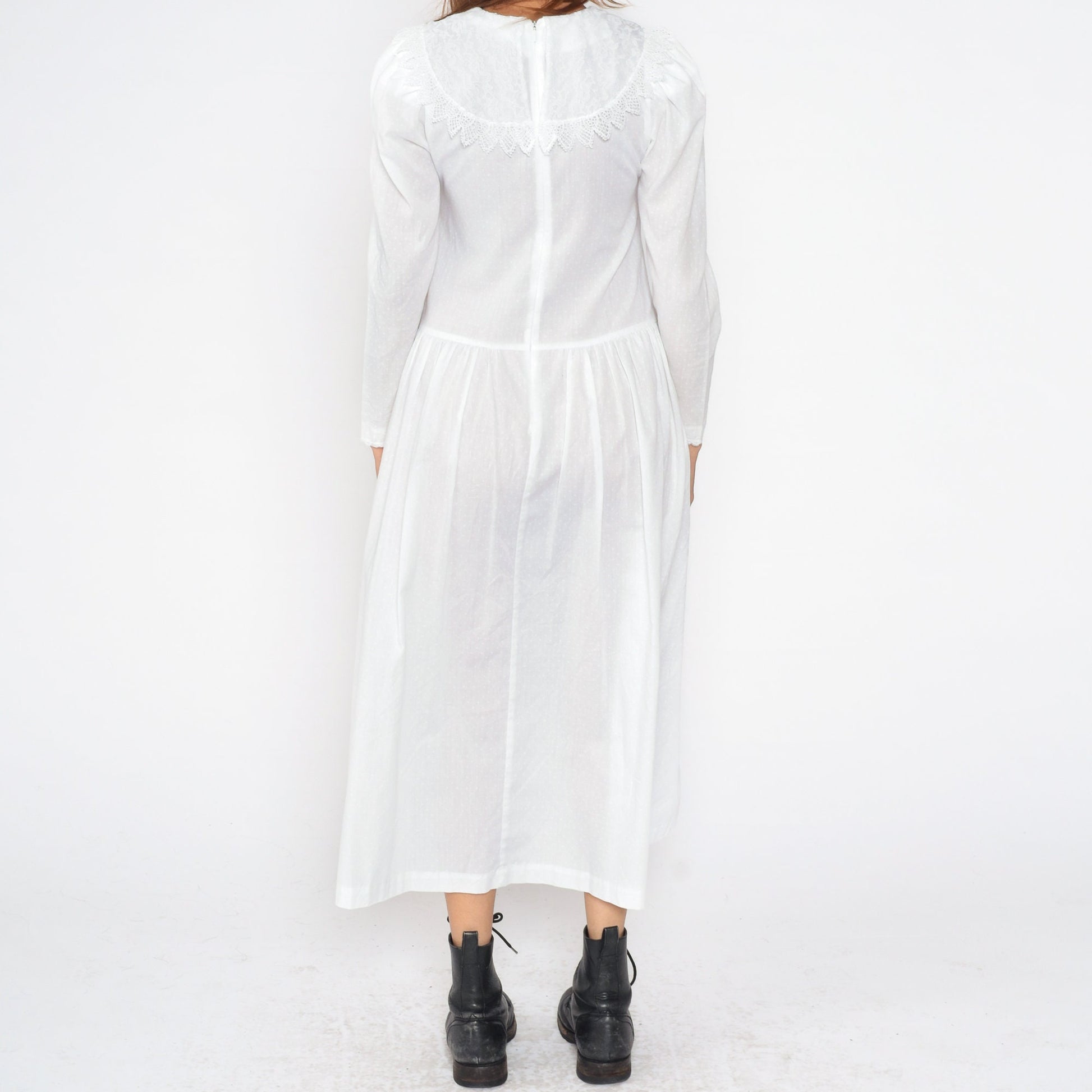 80s White Polka Dot Midi Dress Puff Sleeve Lace Bib Low Waist Small