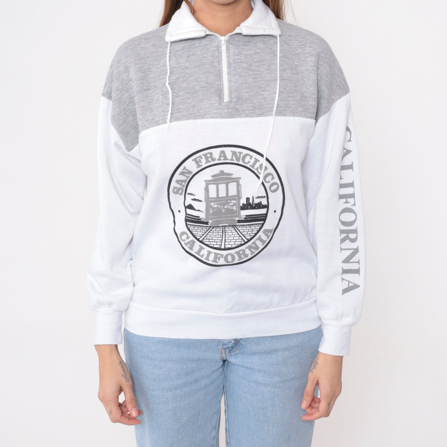 90s San Francisco Trolley Quarter Zip Sweatshirt Grey White Small Medium