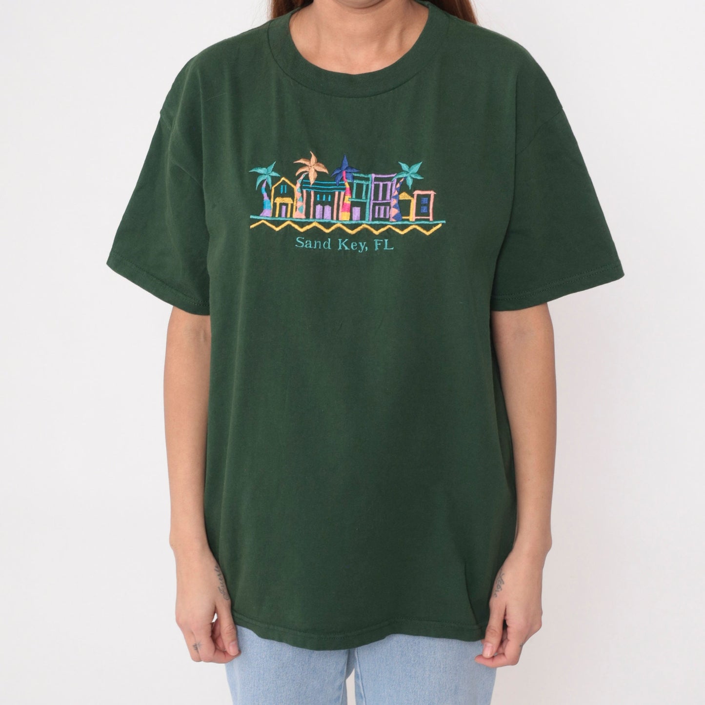 00s Sand Key Florida Clearwater Embroidered Graphic Tee Green Cotton Large