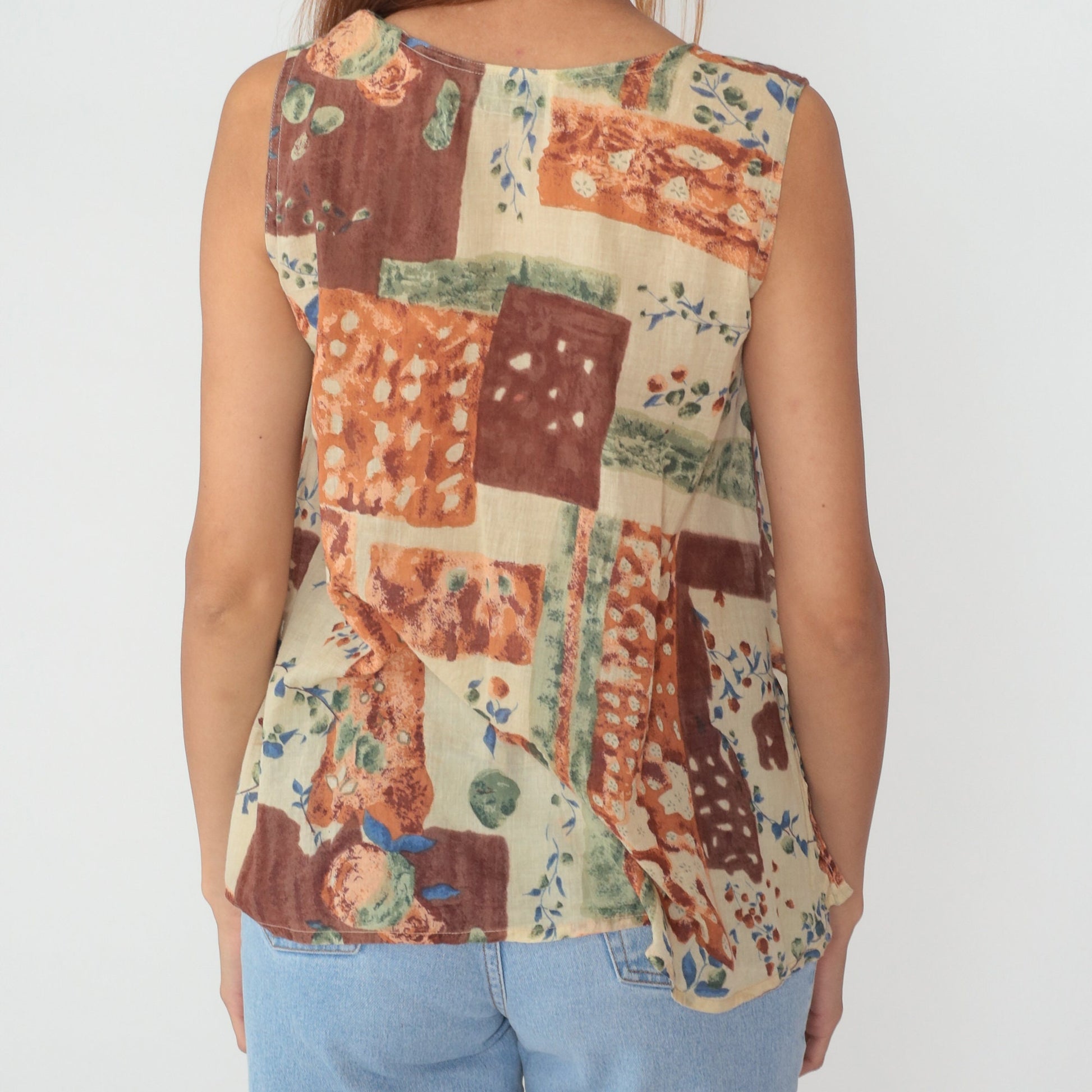 90s Patchwork Floral Button-Up Tank Top Brown Orange Green Small S
