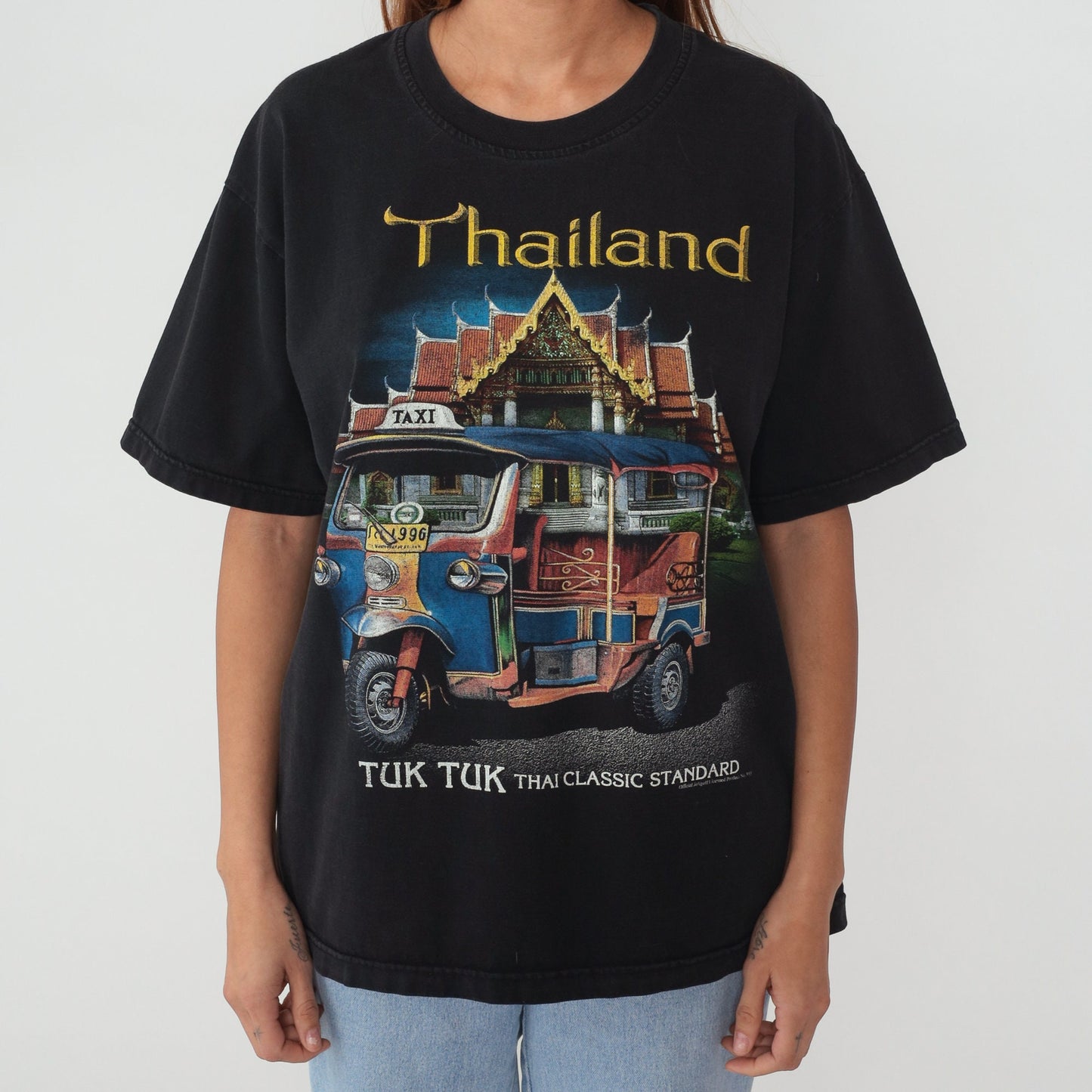 90s Thailand Tuk Tuk Graphic T-Shirt Black Cotton Tourist Souvenir Large L