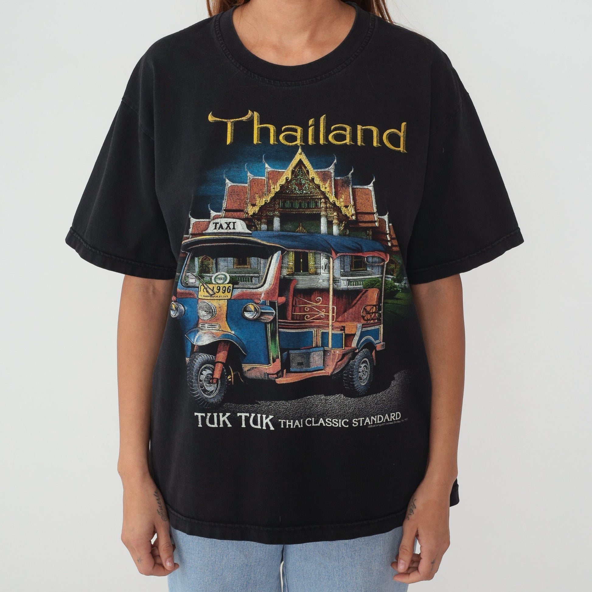 90s Thailand Tuk Tuk Graphic T-Shirt Black Cotton Tourist Souvenir Large L