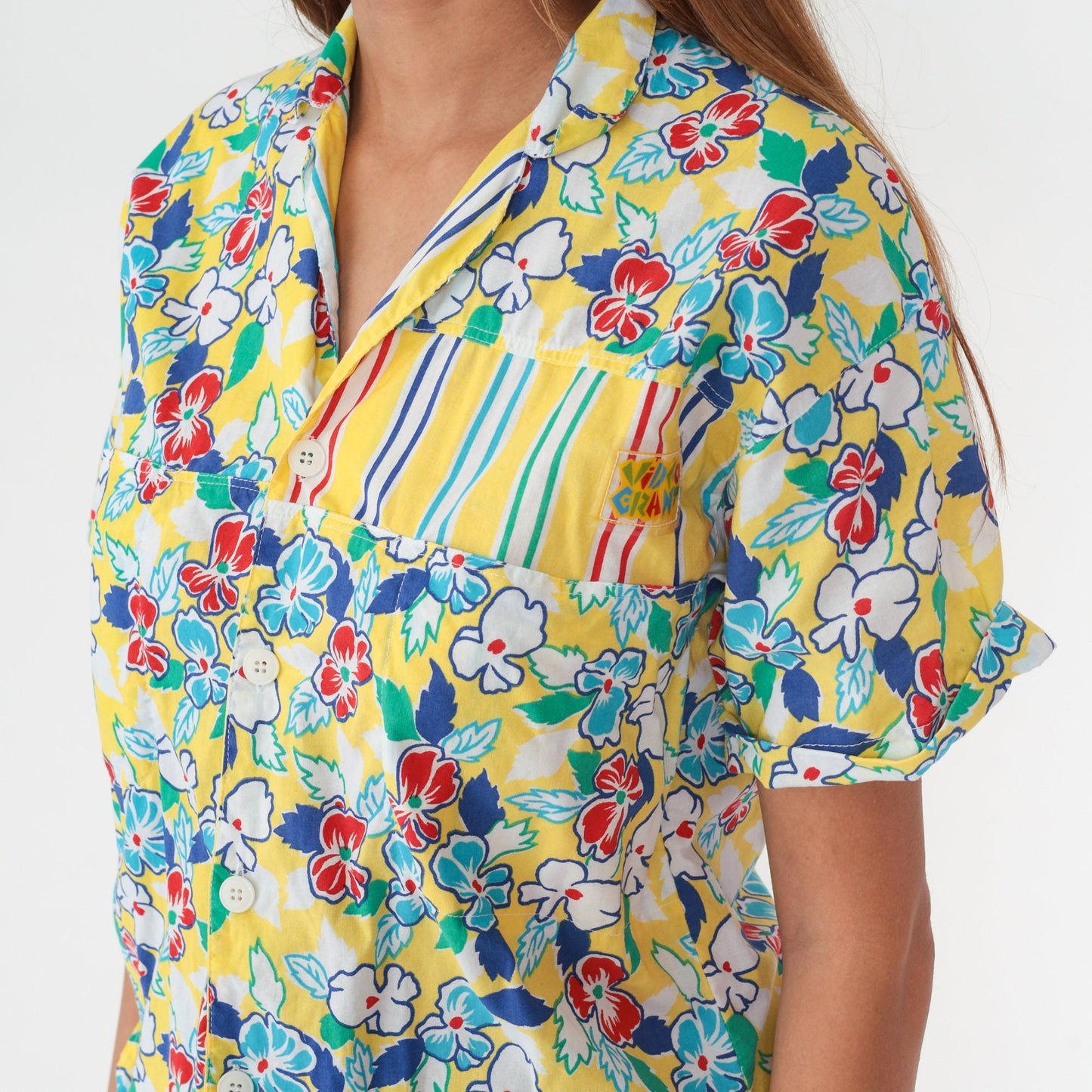 90s Grant Yellow Floral Striped Cotton Button-Up Shirt Large