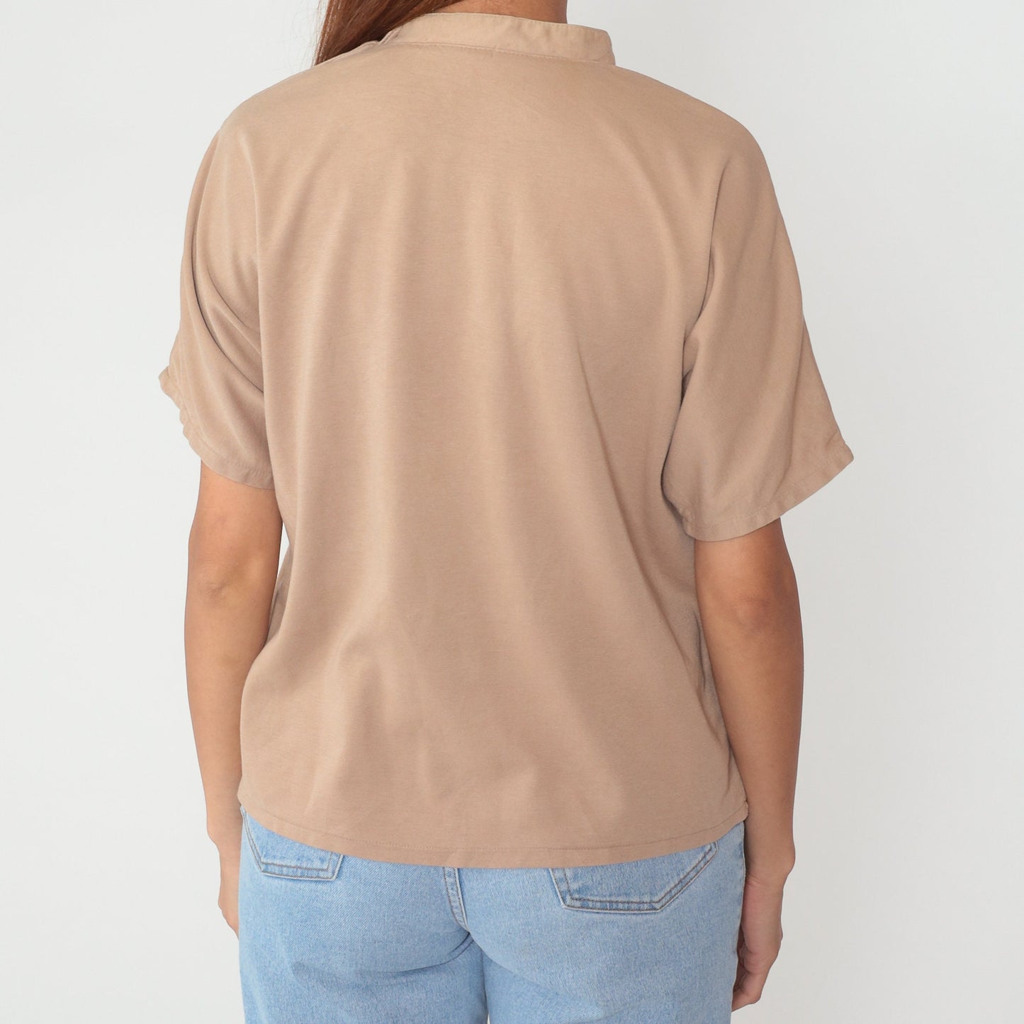 80s Tan Embroidered Floral Heart Blouse Short Sleeve Button Shoulder Cotton Medium