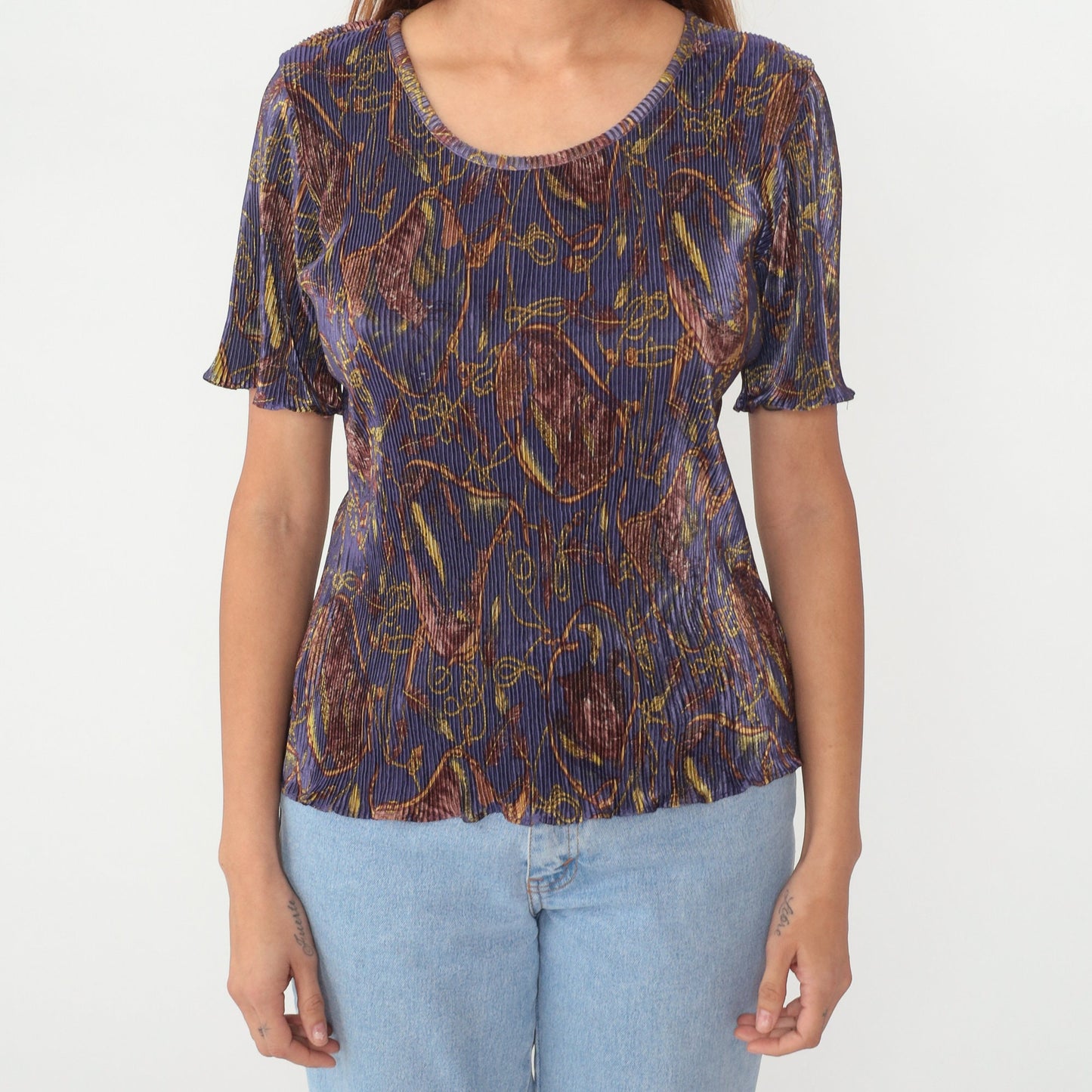 90s Baroque Abstract Print Pleated Blouse Short Sleeve Purple Small Medium