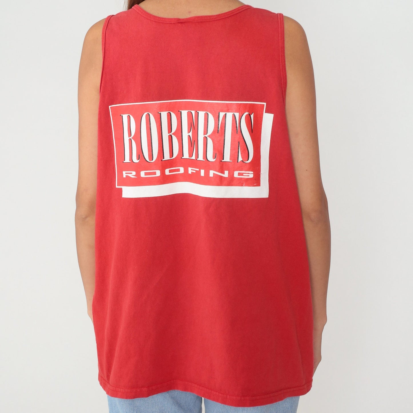 Y2K Robert's Roofing Graphic Tank Top Red Cotton Racerback Extra Large XXL