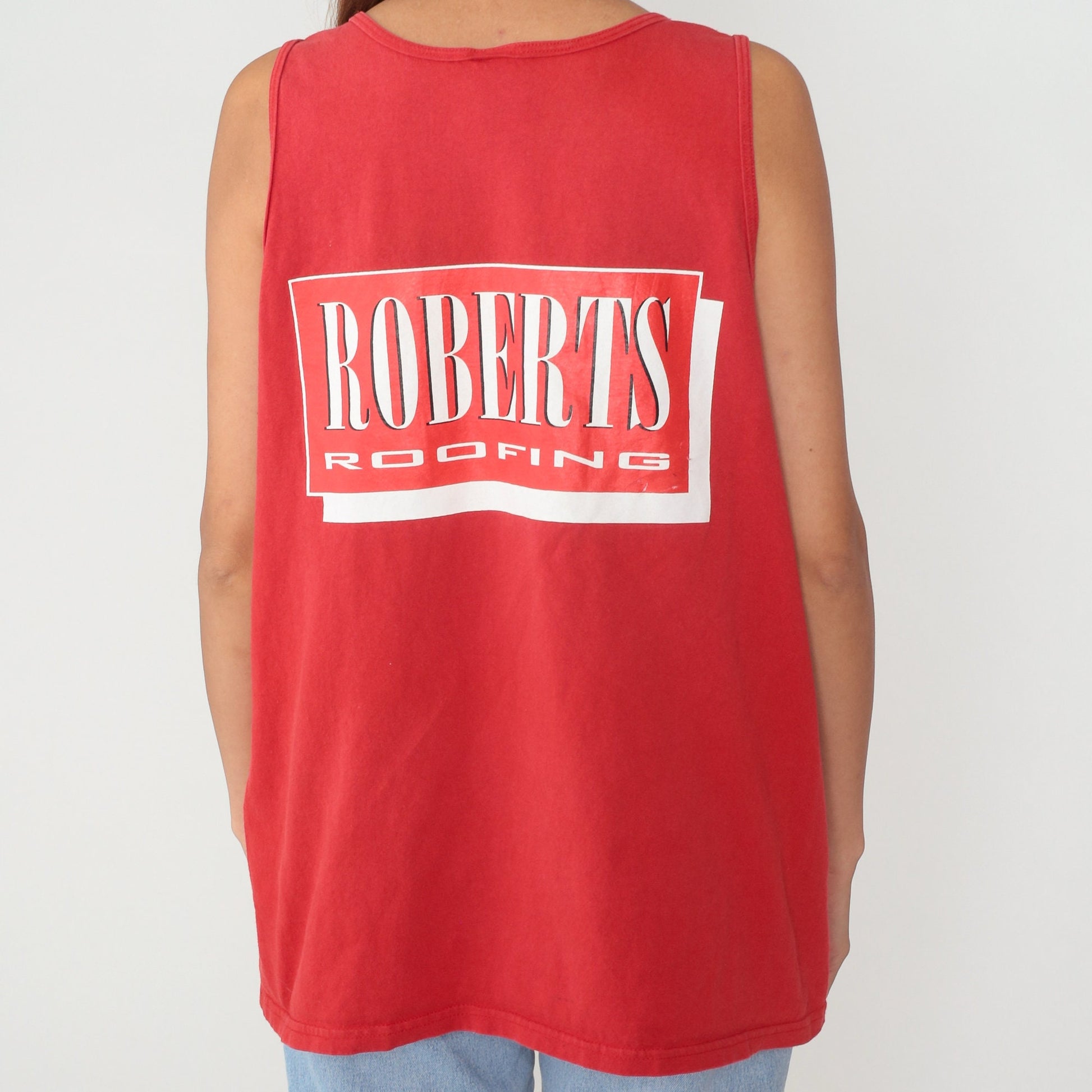 Y2K Robert's Roofing Graphic Tank Top Red Cotton Racerback Extra Large XXL