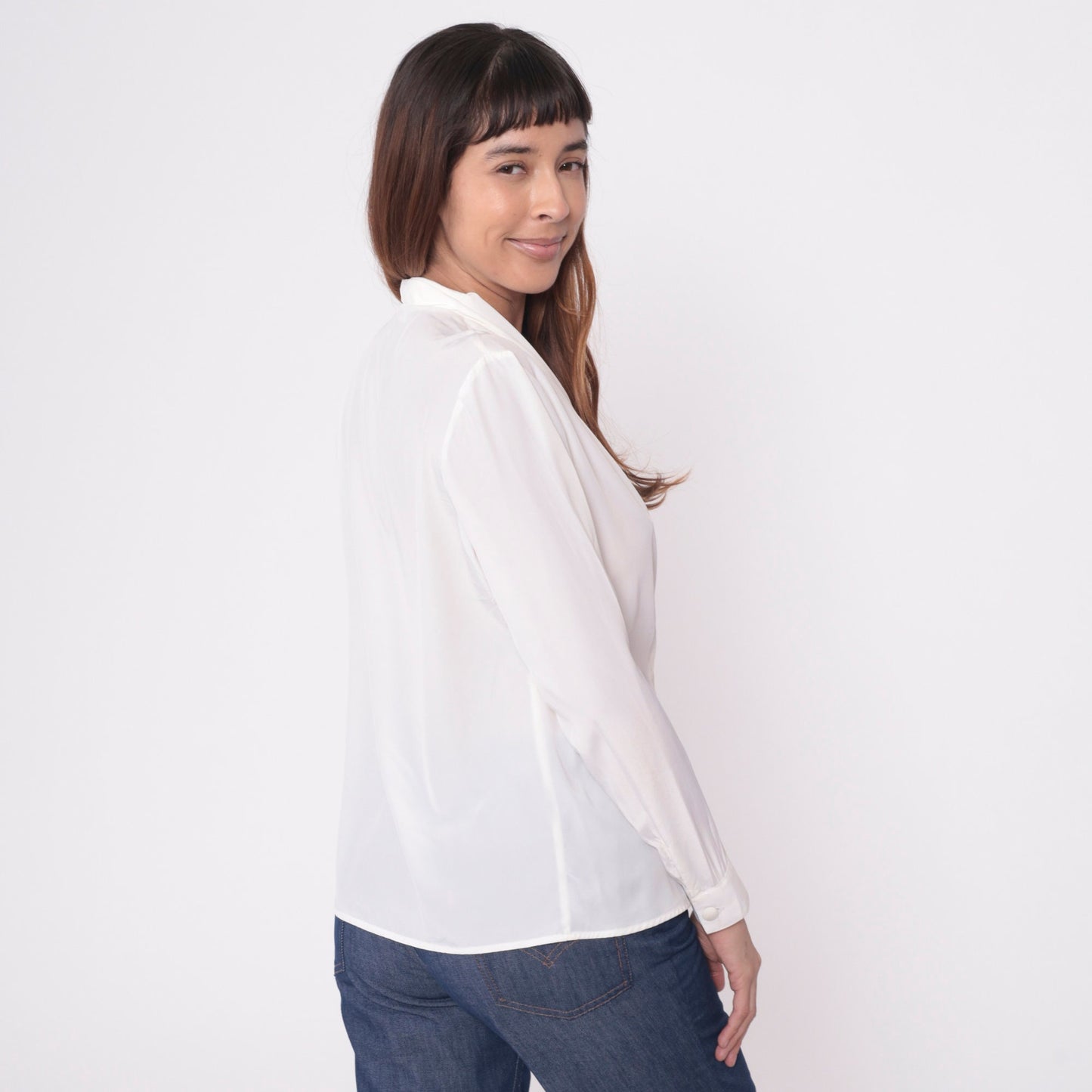 90s White Double Breasted Button Up Blouse V Neck Long Sleeve Small