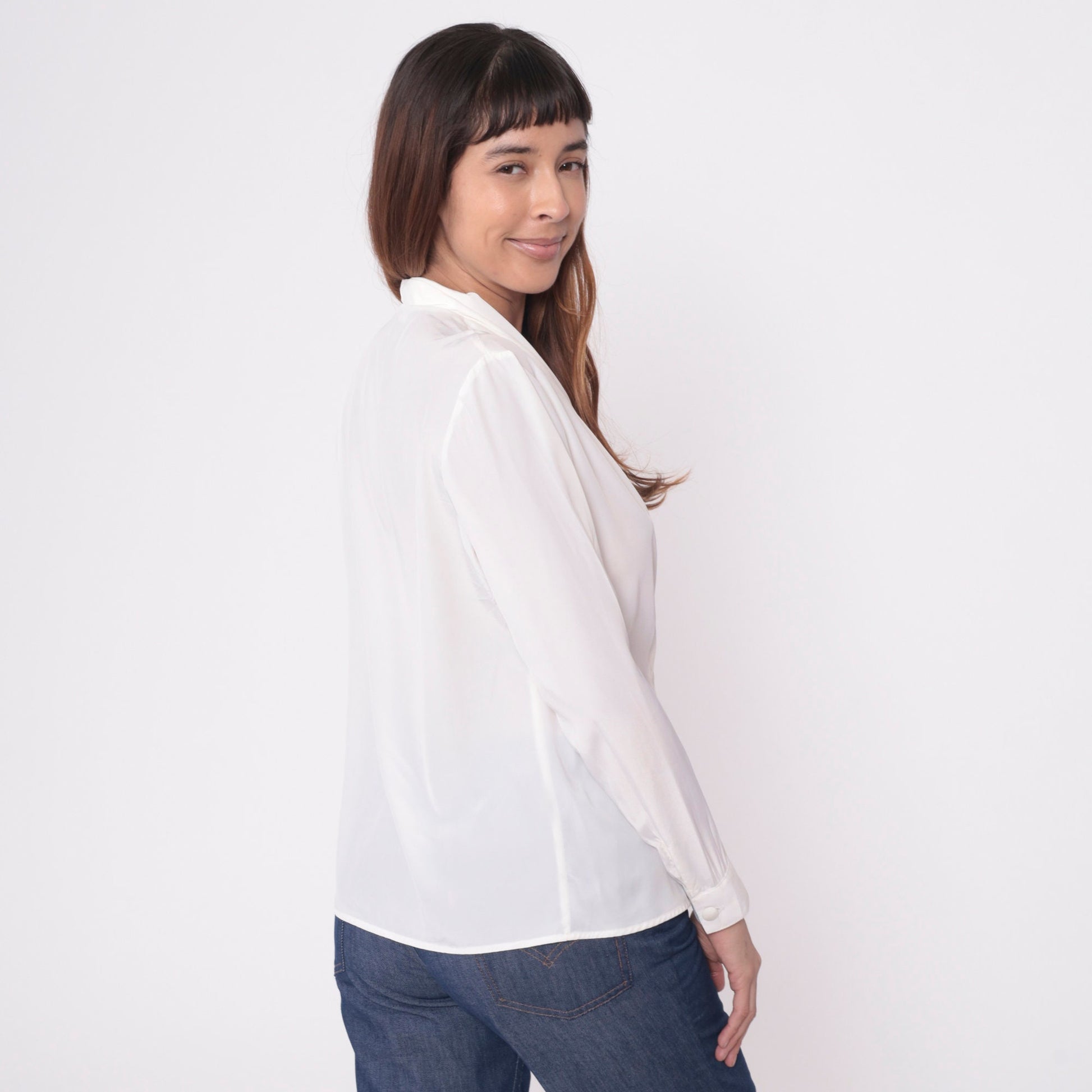 90s White Double Breasted Button Up Blouse V Neck Long Sleeve Small