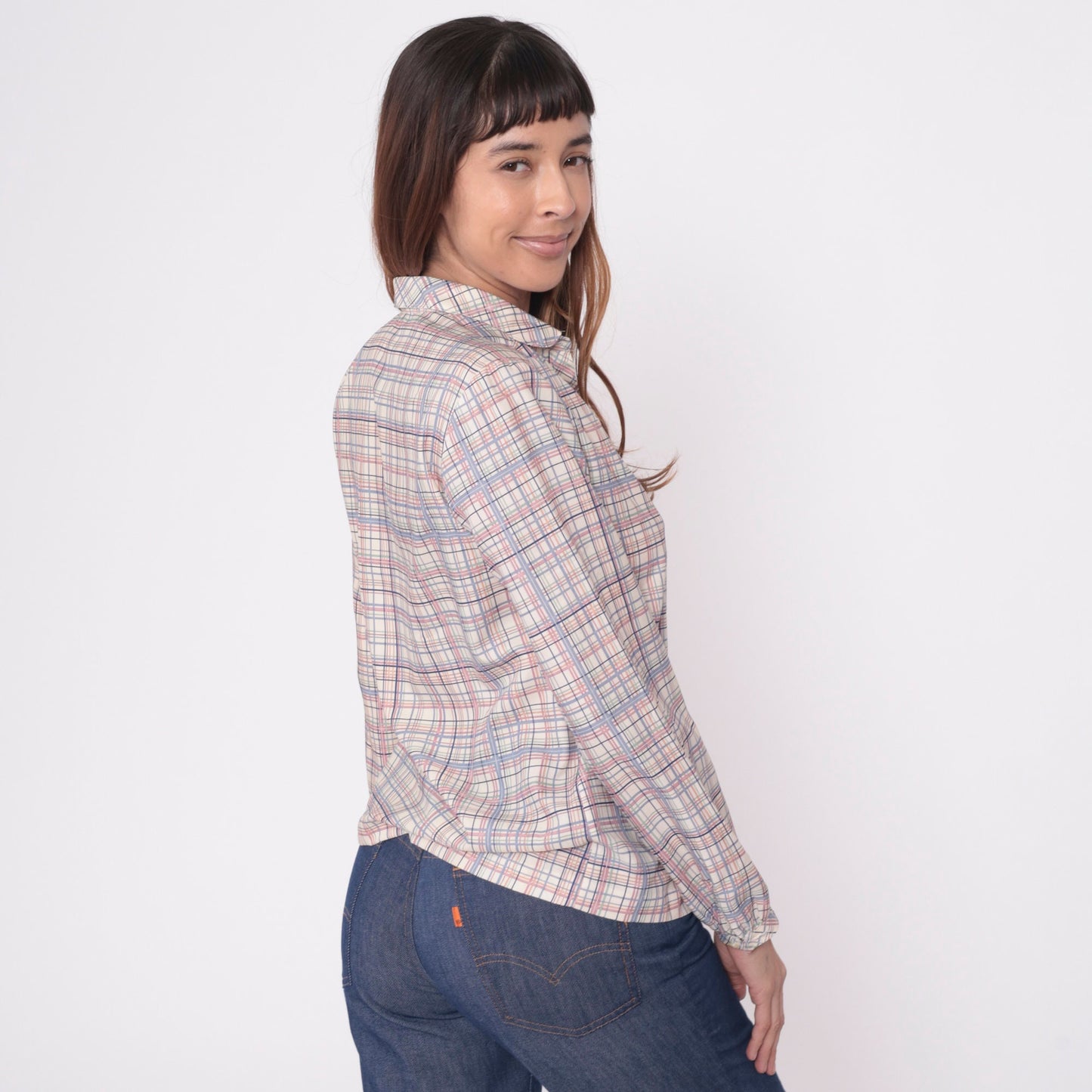 80s Plaid Button-Up Blouse Cream Lavender Pink Checkered Long Sleeve Small