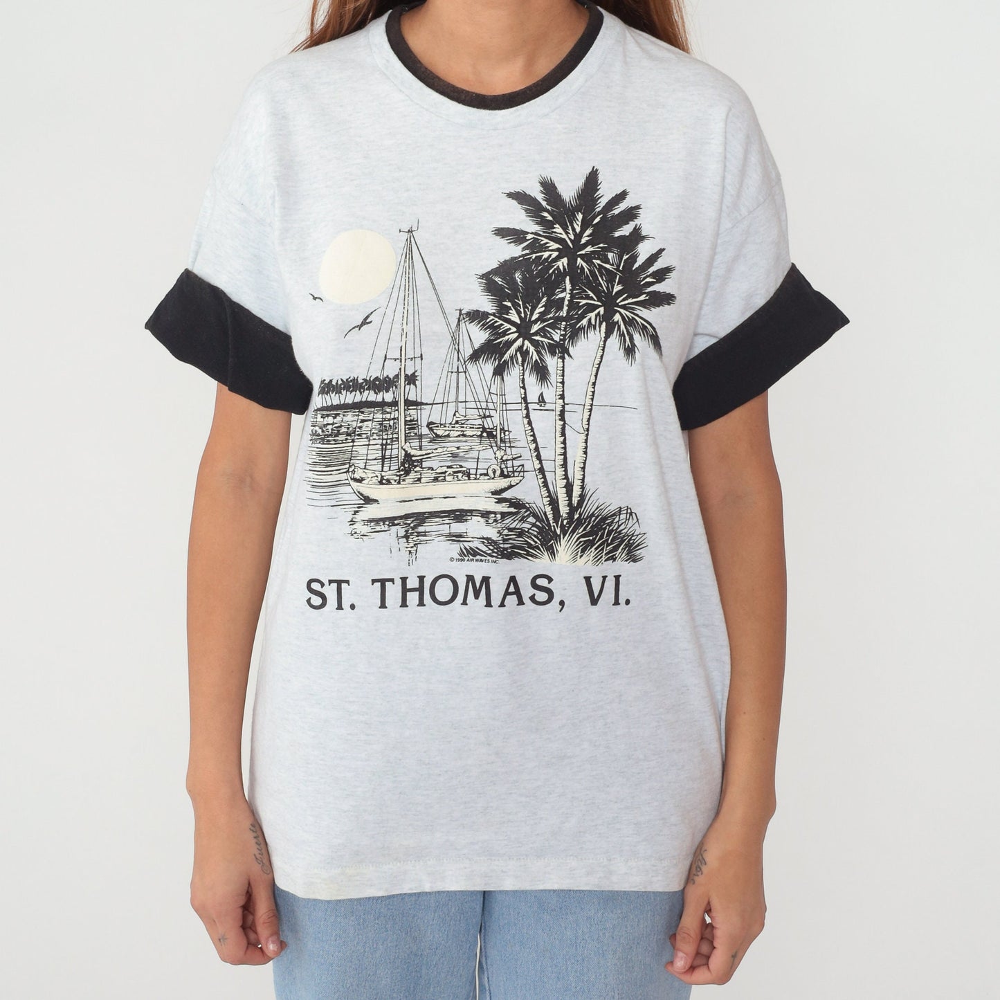 90s St Thomas Virgin Islands Sailboat Graphic Tee Heather Grey Large
