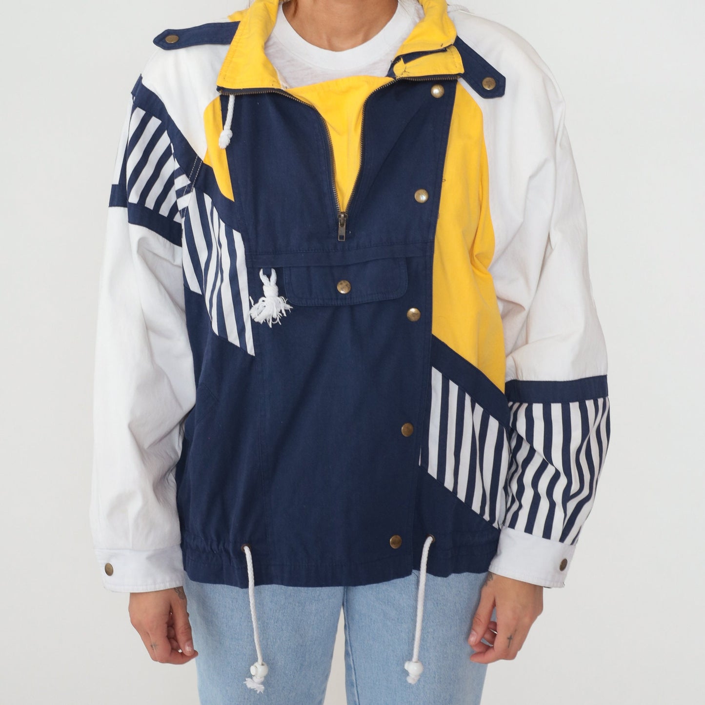 90s Hunt Club Windbreaker Jacket Quarter Zip Hooded Colorblock White Navy Yellow Medium