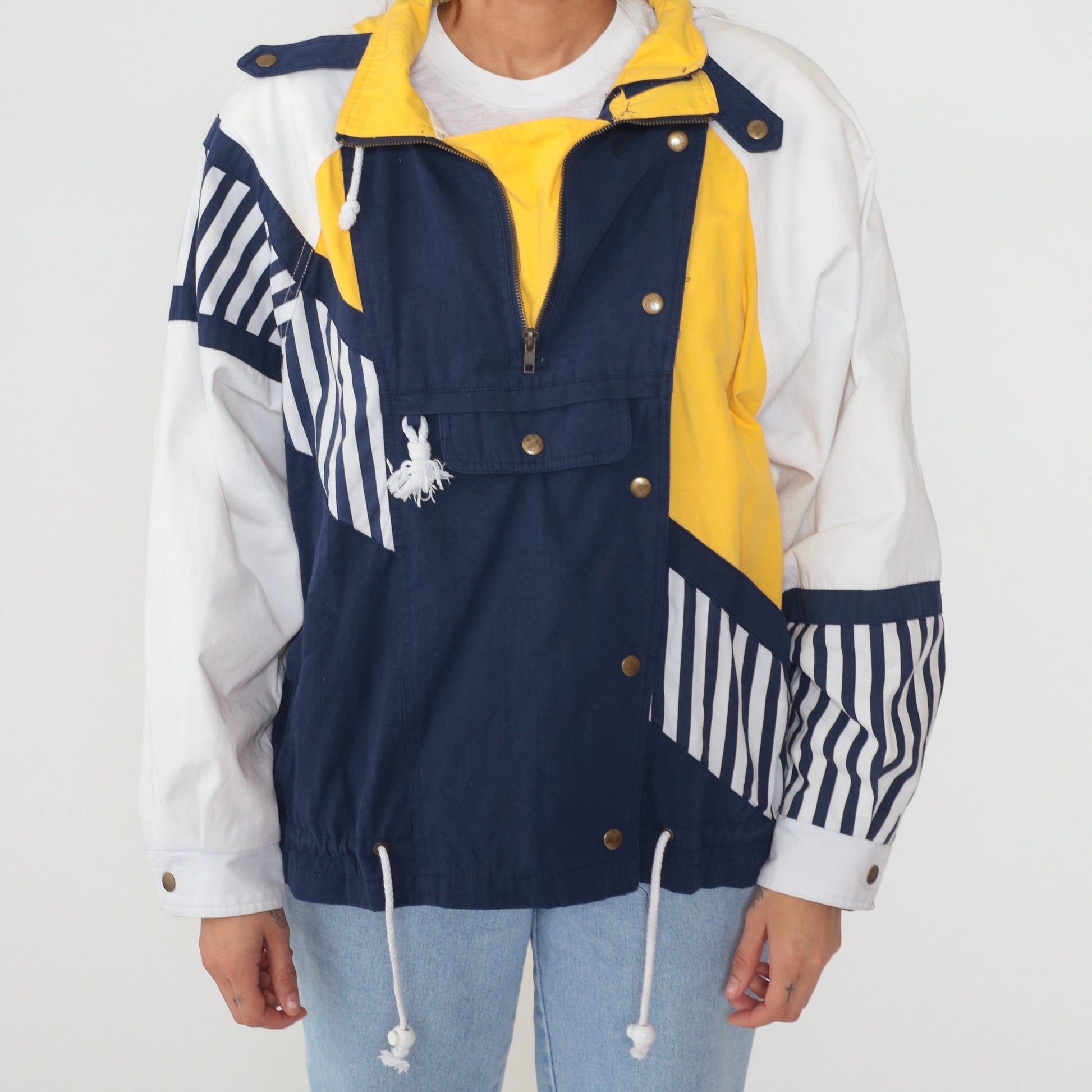 90s Hunt Club Windbreaker Jacket Quarter Zip Hooded Colorblock White Navy Yellow Medium