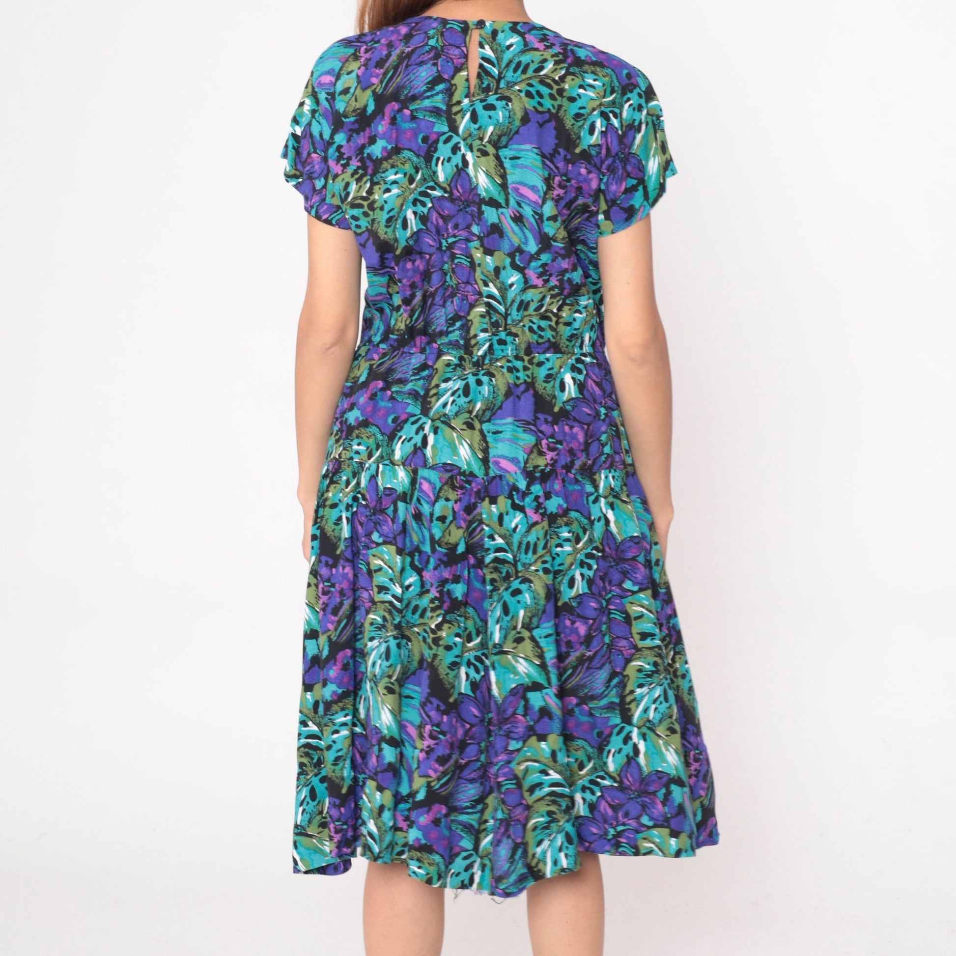 90s Tropical Floral Midi Dress Purple Teal Short Sleeve High Waist Large 12