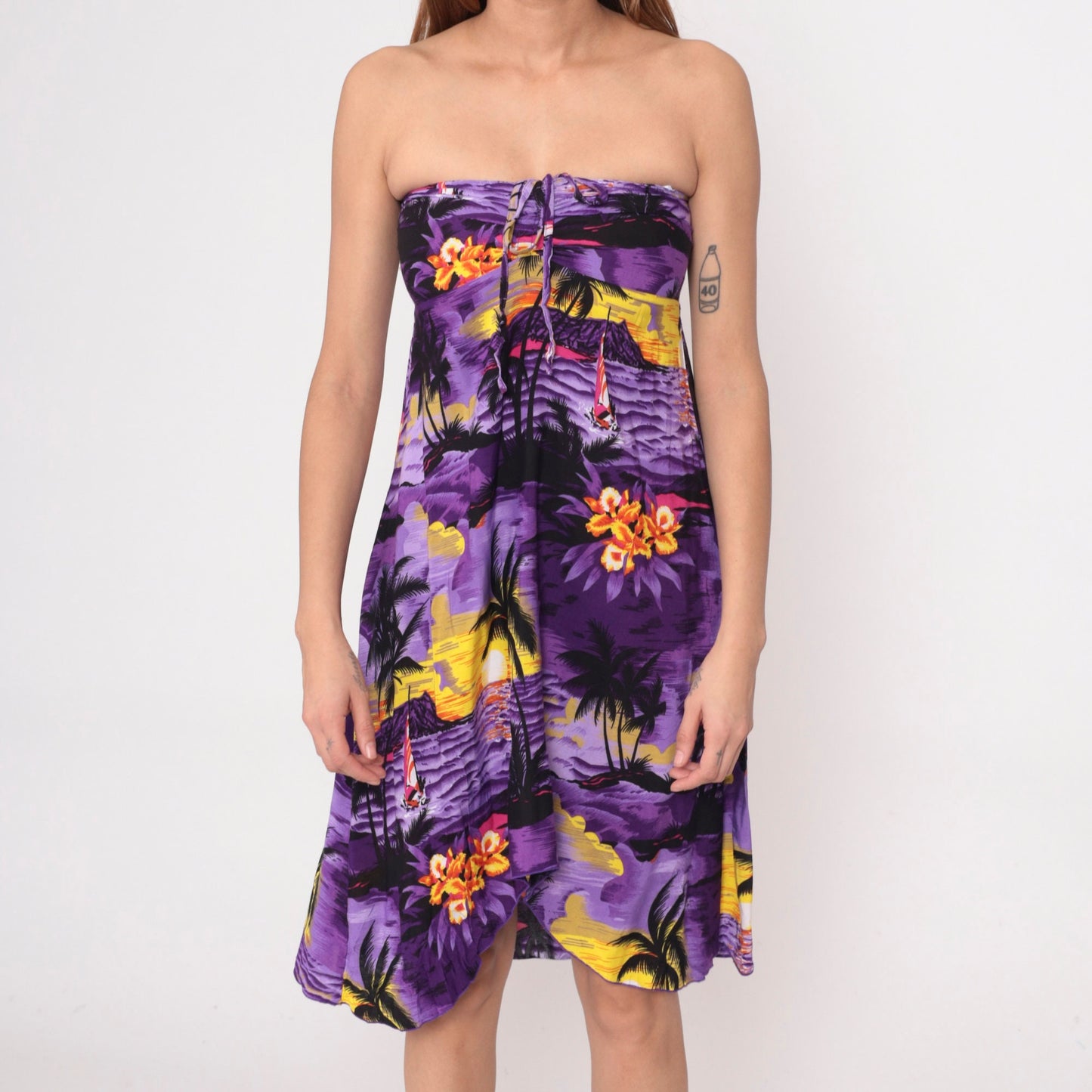 00s Purple Strapless Sundress Sailboat Palm Tree Print Empire Waist High Low Extra Small