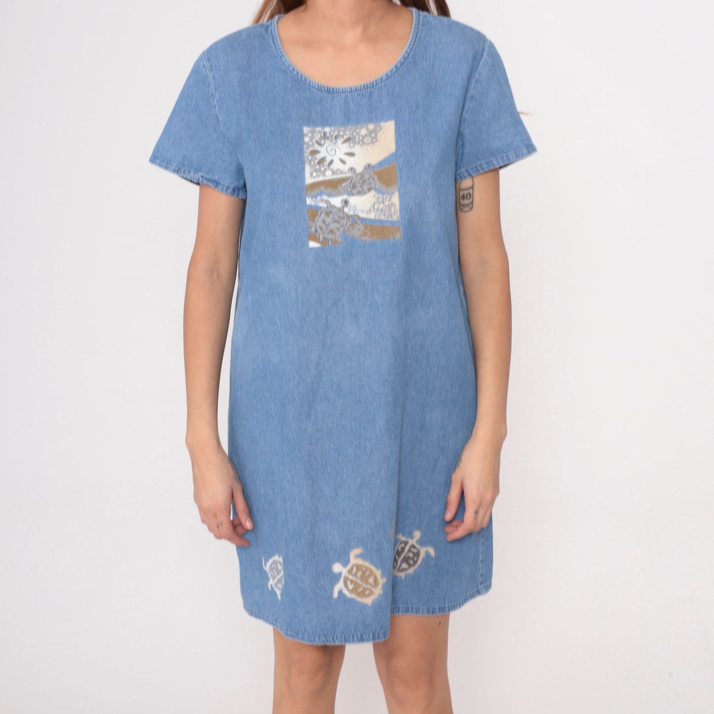 90s Sea Turtle Denim Mini Dress Blue Cotton Shift Short Sleeve Medium