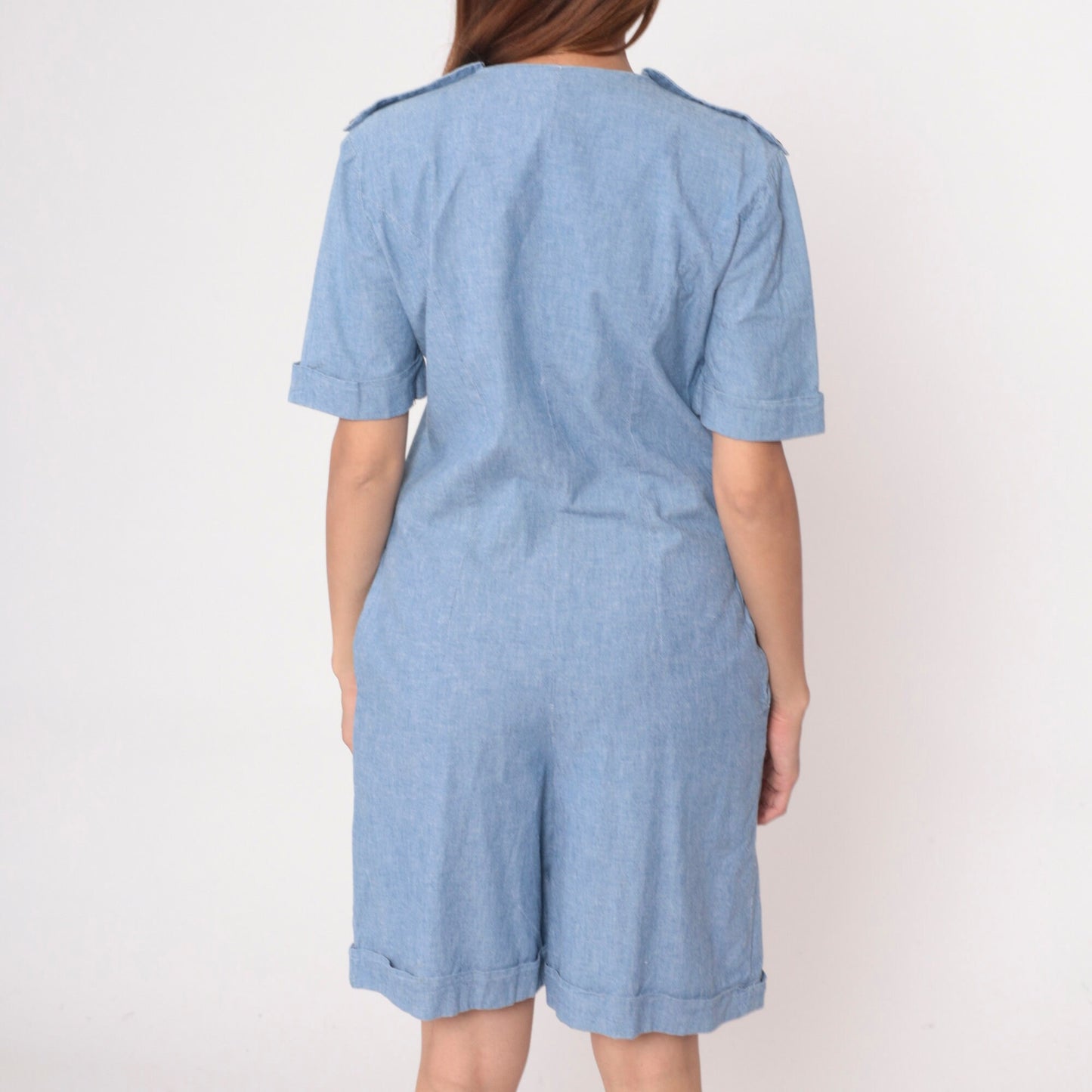 90s Leslie Fay Denim Romper Military Epaulette Chambray Playsuit Medium 8