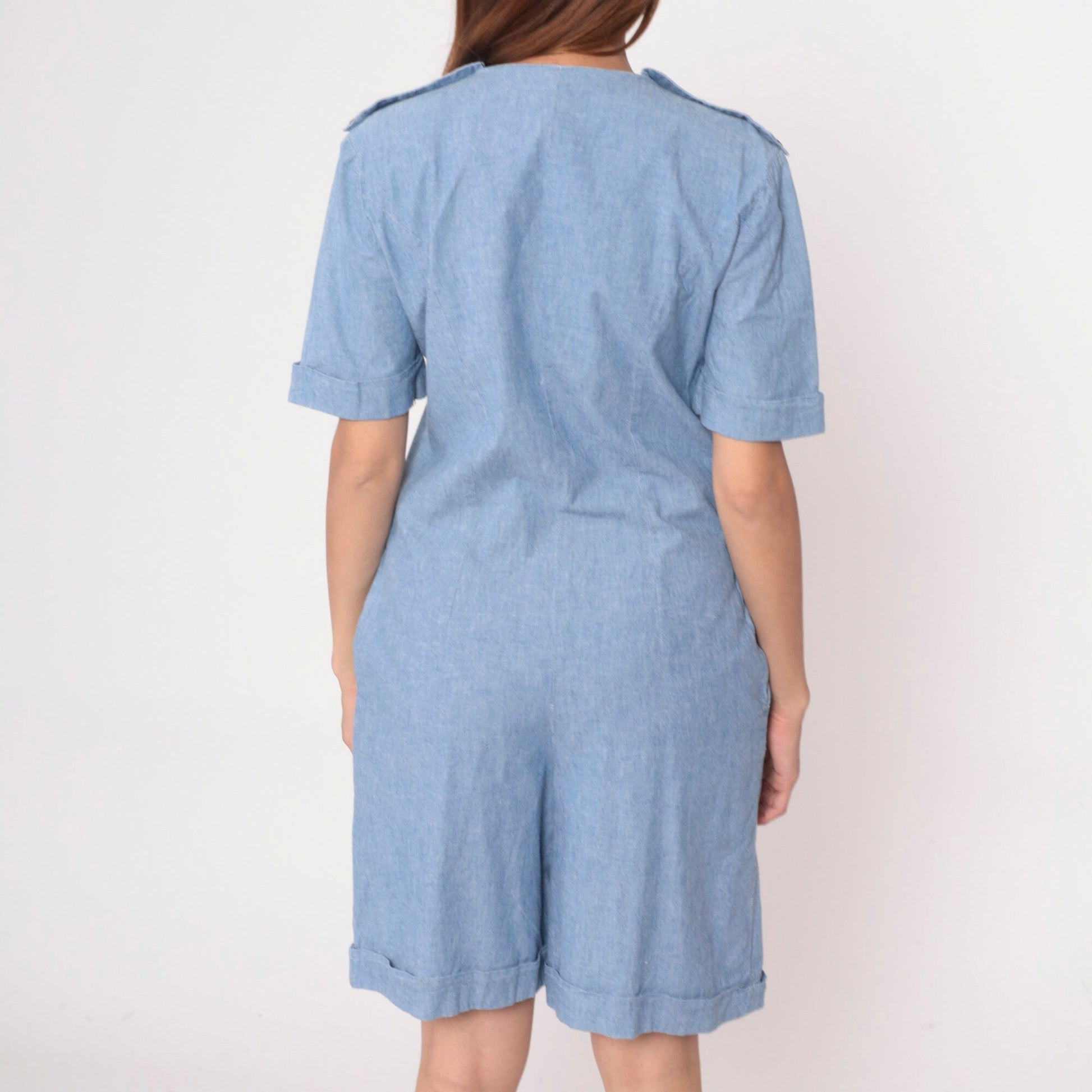 90s Leslie Fay Denim Romper Military Epaulette Chambray Playsuit Medium 8