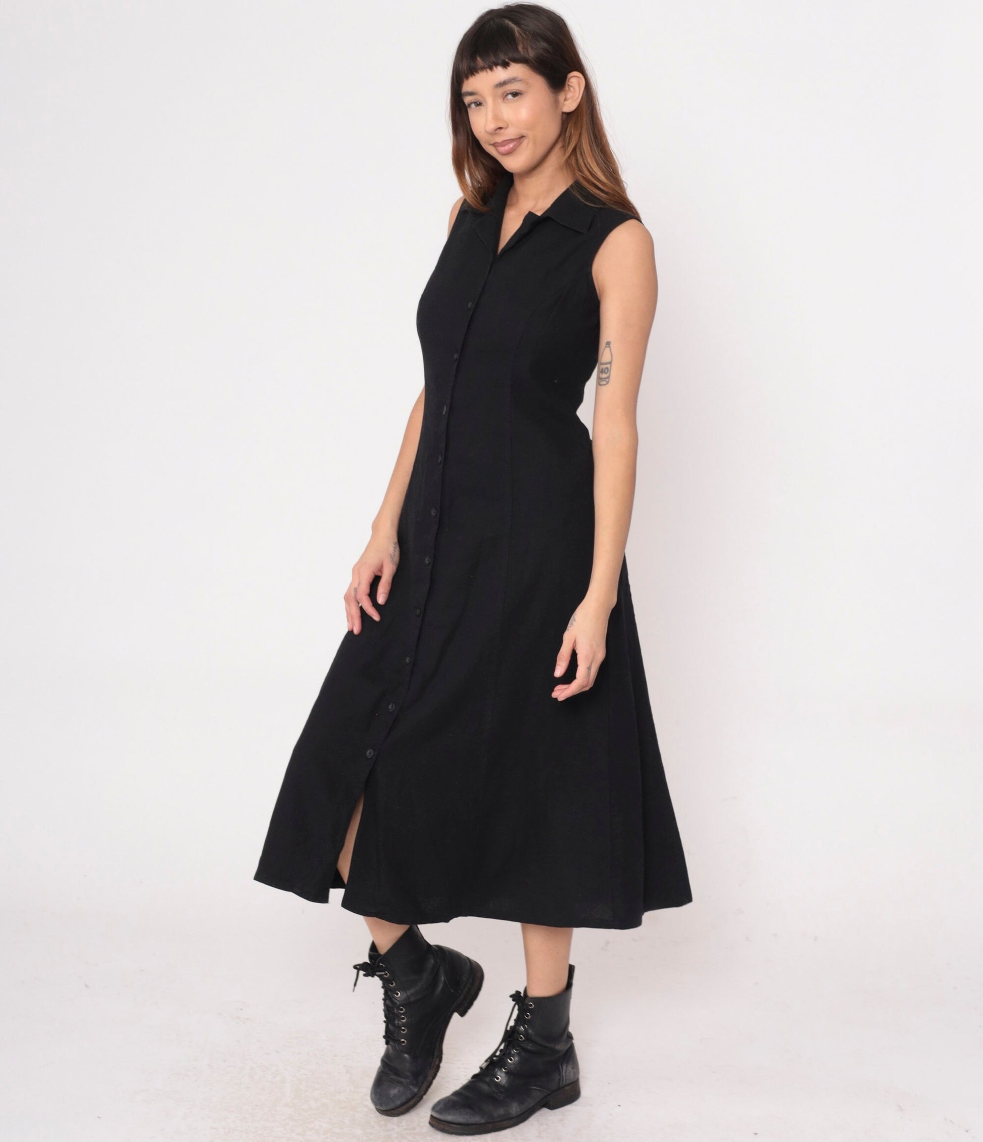 Y2K Black Linen Rayon Button-Up Midi Dress Cutout Back Small S