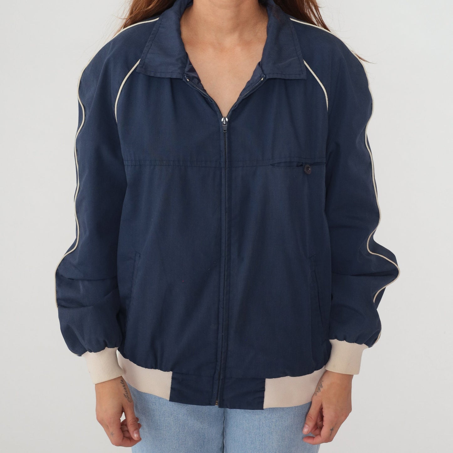 80s Navy Bomber Jacket Beige Trim Raglan Zip Windbreaker Large L