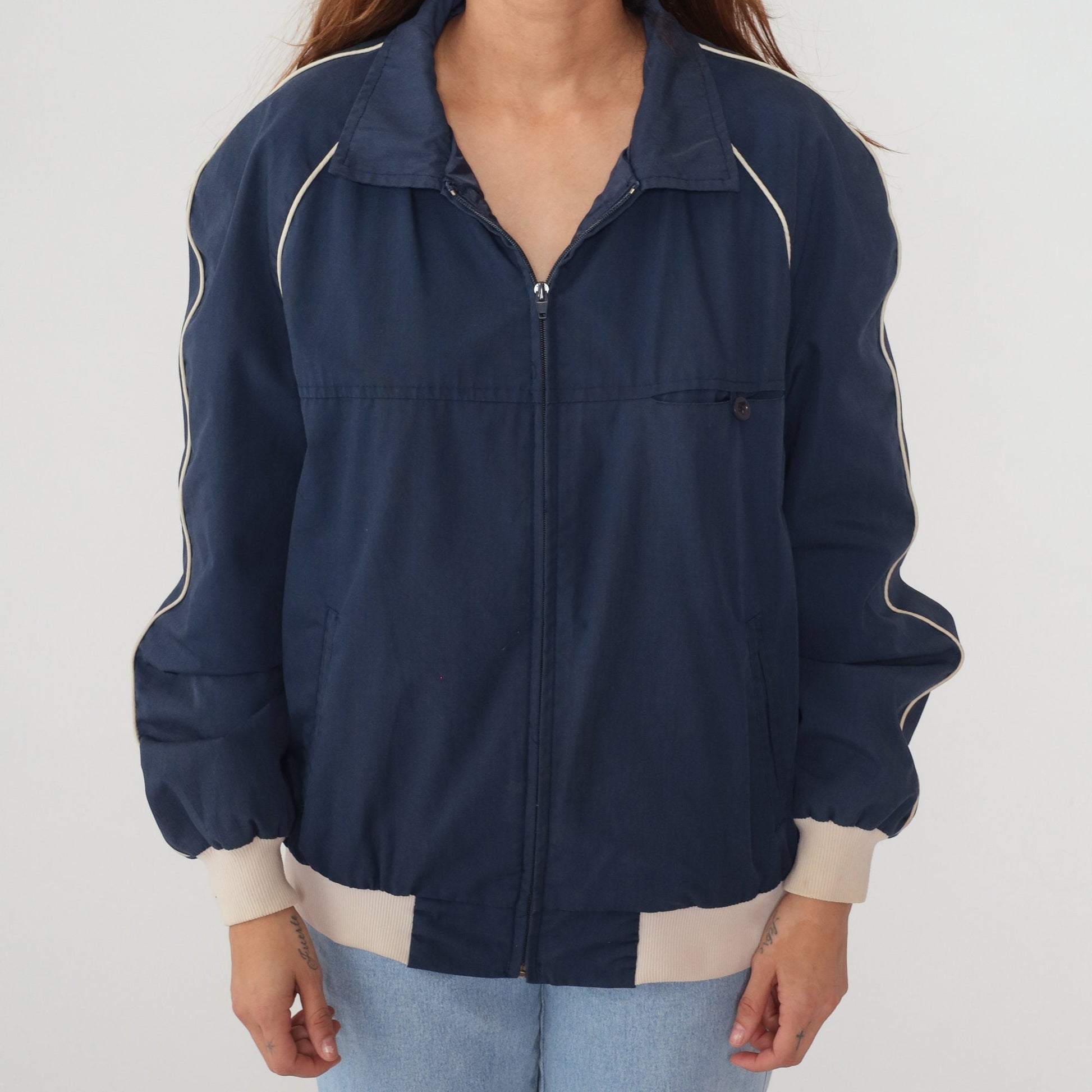 80s Navy Bomber Jacket Beige Trim Raglan Zip Windbreaker Large L