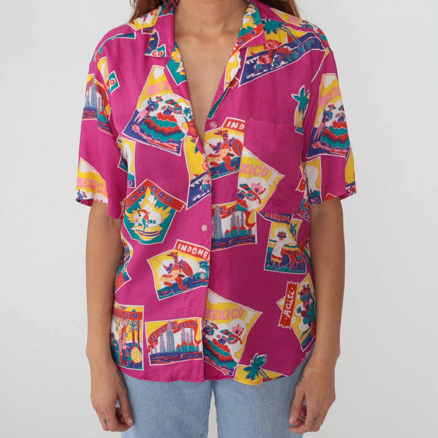80s Gap Travel Print Button-Up Blouse Pink World Map Short Sleeve Small S