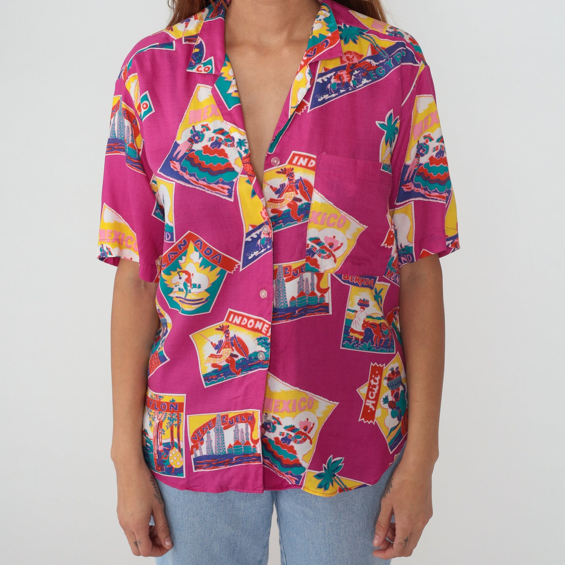 80s Gap Travel Print Button-Up Blouse Pink World Map Short Sleeve Small S
