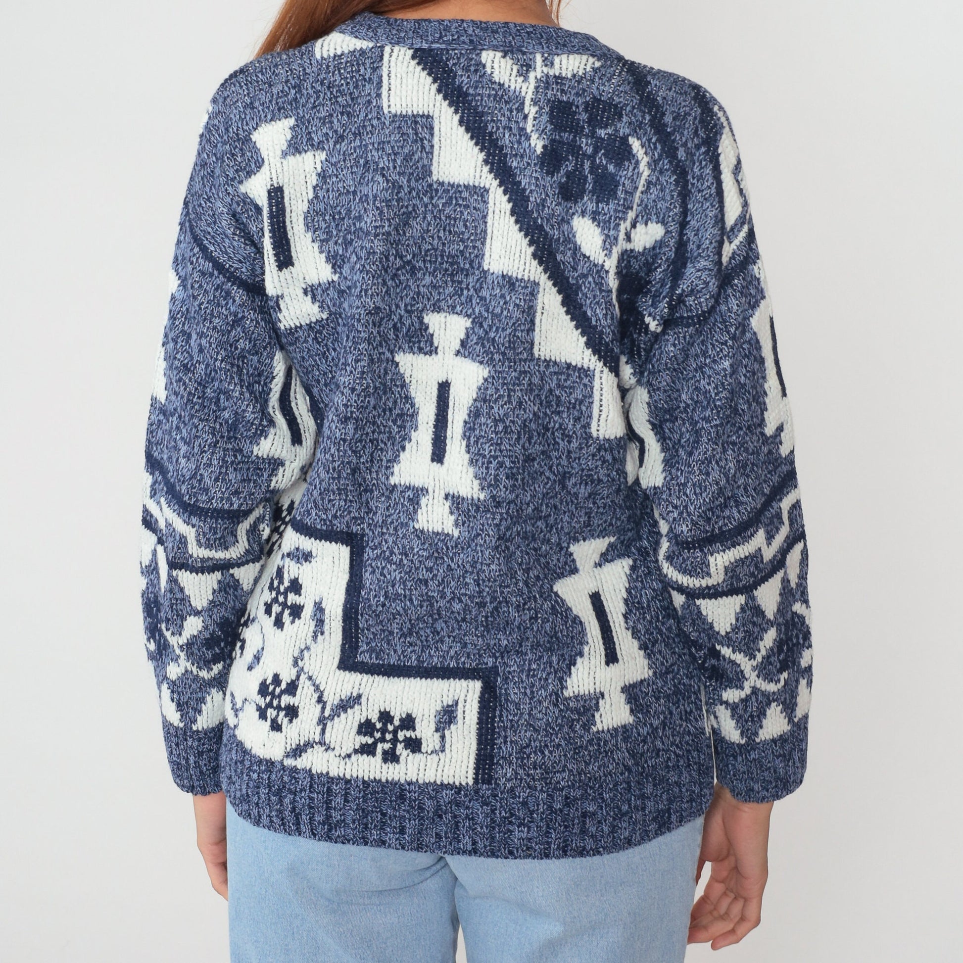 90s Blue Geometric Floral Knit Sweater Crewneck Pullover Small S